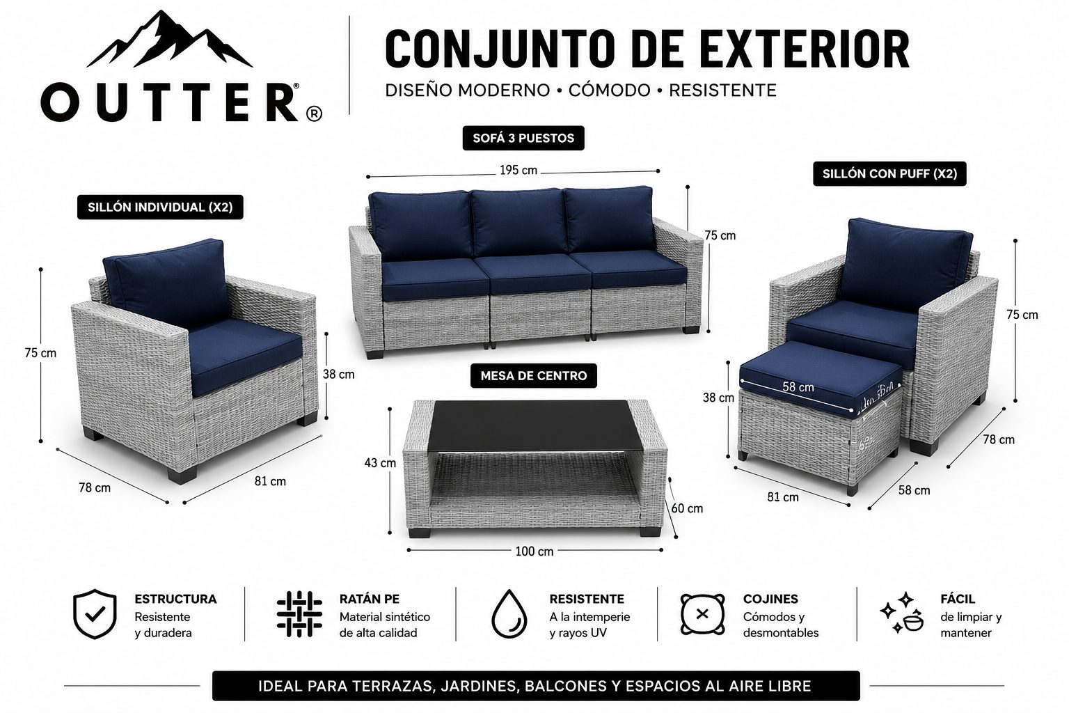 JUEGO DE TERRAZA 5 PIEZAS TE1239002