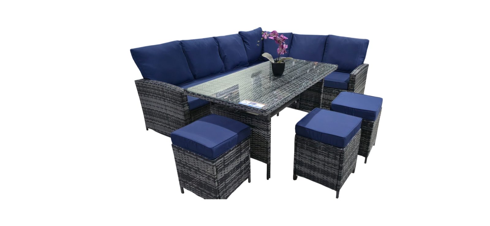 JUEGO TERRAZA 6 PIEZAS DINNING SET OUTTER, SOFA "L" ESQUINERO, 3 BUTAKAS, MESA VIDRIO TEMPLADO OUTTER TE12370