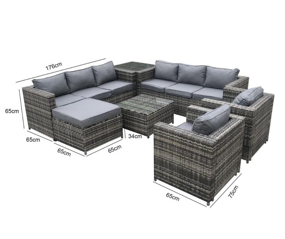 JUEGO TERRAZA 7 PIEZAS, 2 MESAS VIDRIO TEMPERAD, 2 SILLONES, 3 SOFAS, COJIN POLIESTER, RATAN OUTTER TE123803