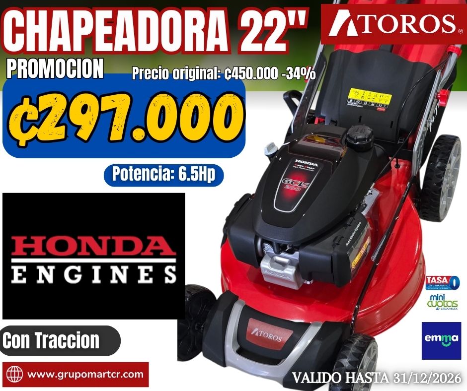 CHAPEADORA 22" 6.5HP (MOTOR HONDA) CON TRACCION 3 EN 1 GASOLINA ATOROS CHONDA220T ATOROS