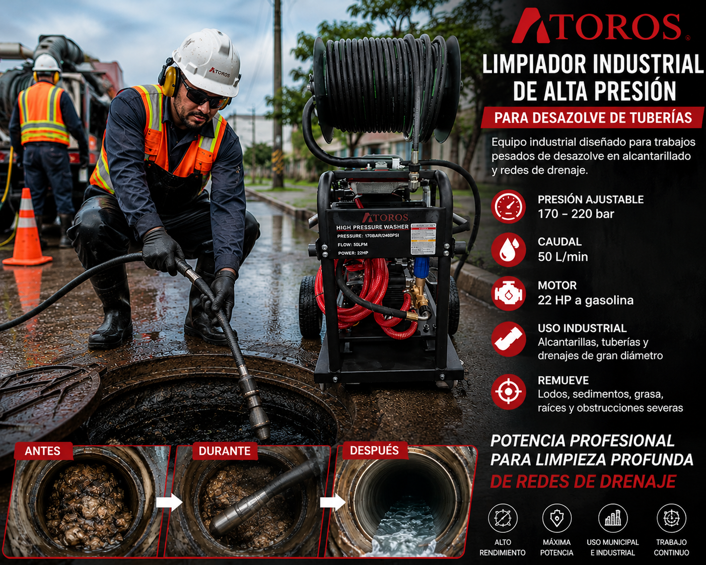HIDROLAVORA GASOLINA  ARRAN-ELECT 22HP  50LPM USO INDUST ATOROS ATOROS