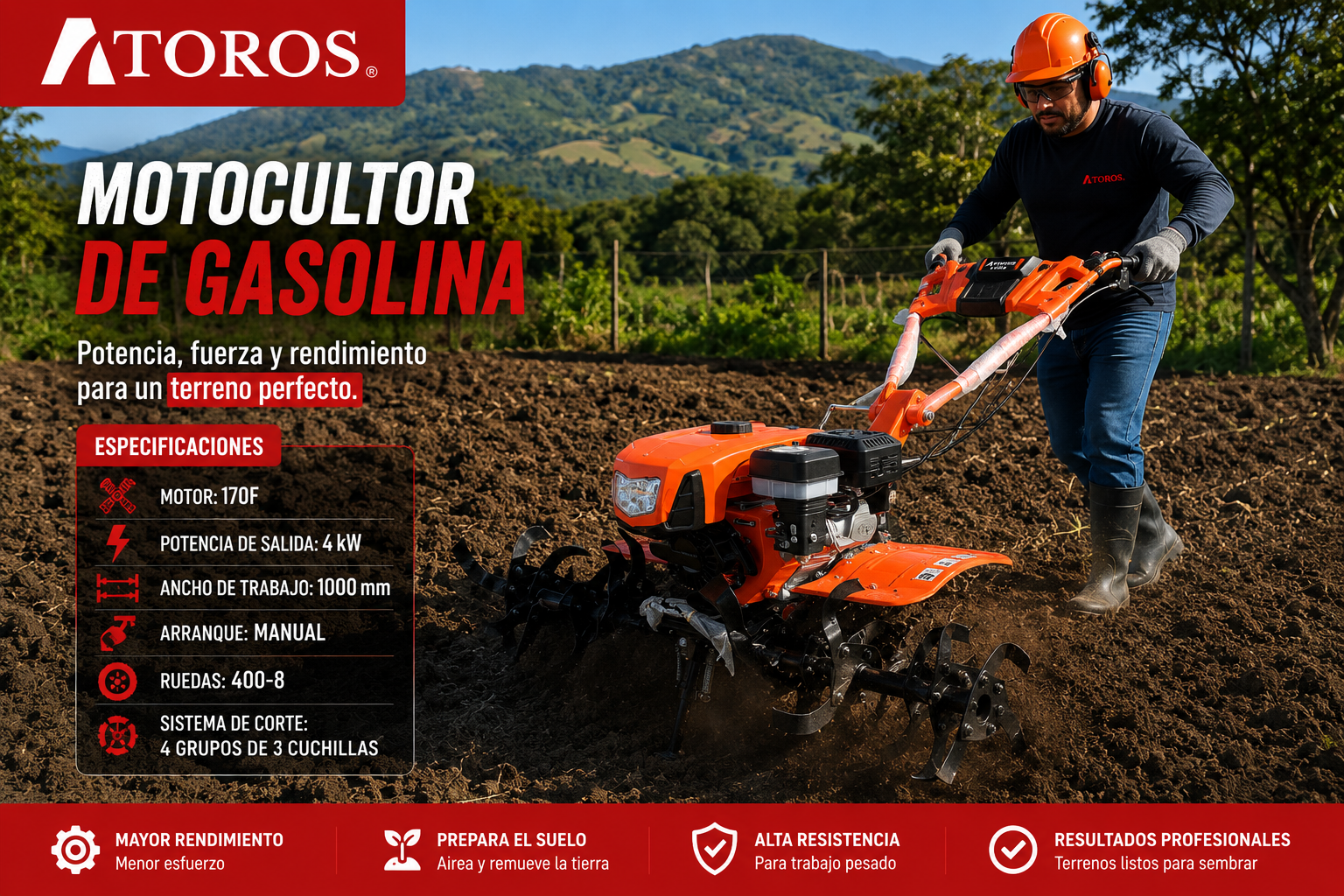 MOTOCULTIVADOR DE GASOLINA 170F CON 4 CUHILLAS ATOROS ATOROS
