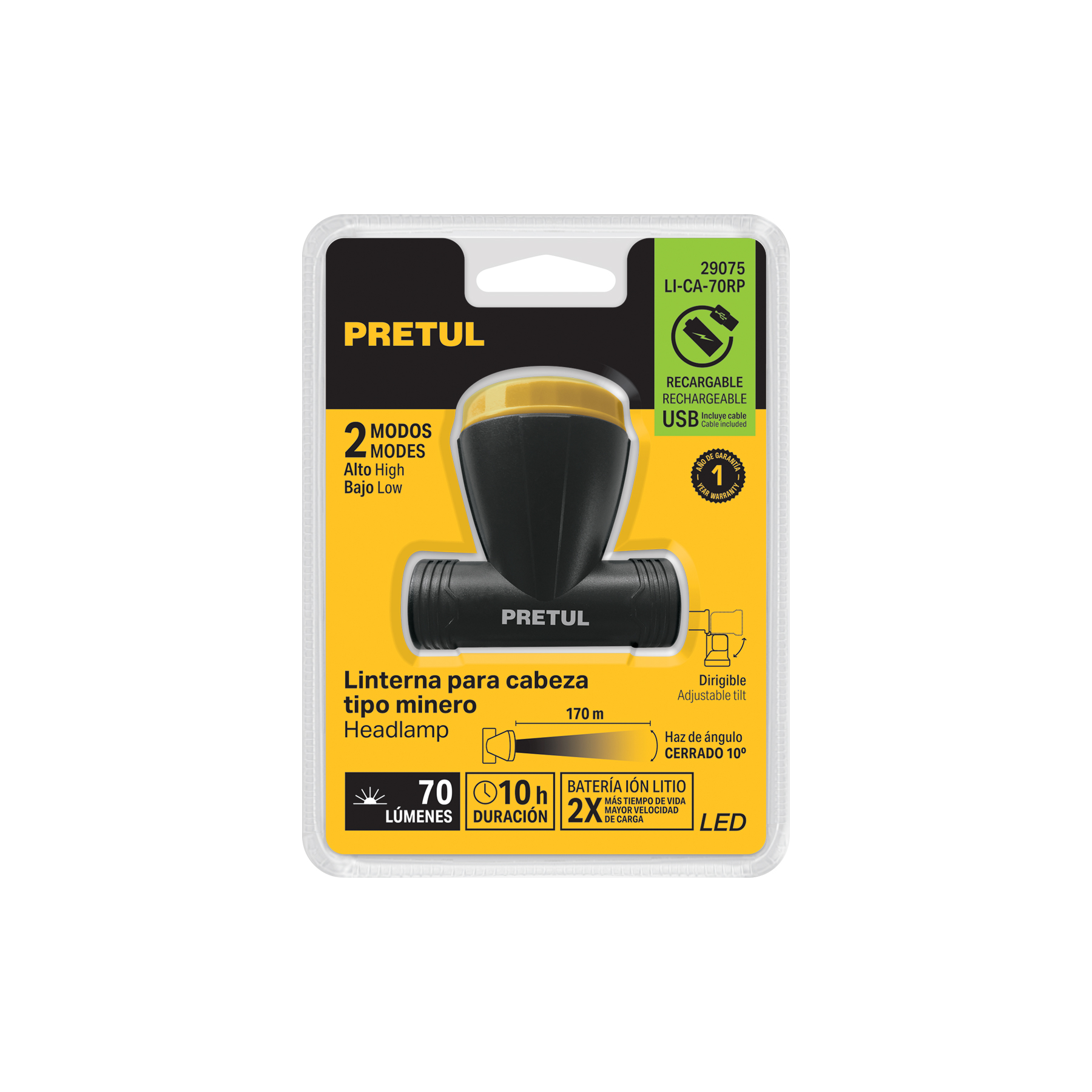 Linterna de minero LED, 70 lm, recargable, PRETUL PRETUL