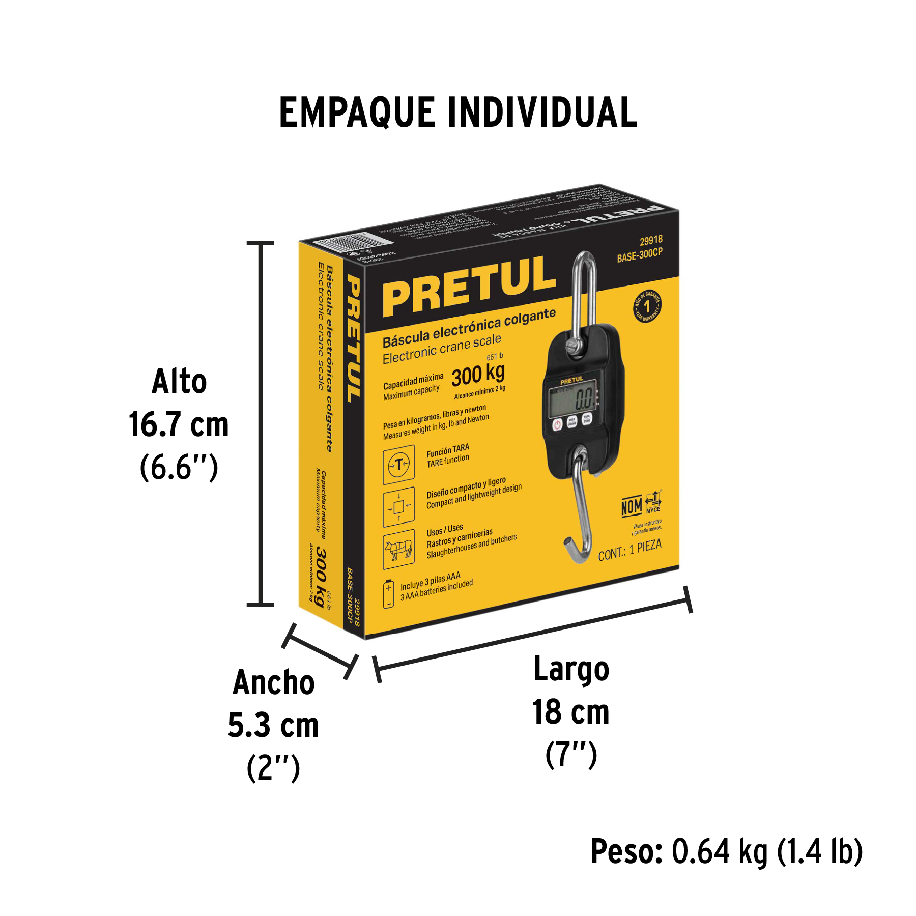 Báscula electrónica colgante, 300 kg, de pilas, PRETUL PRETUL