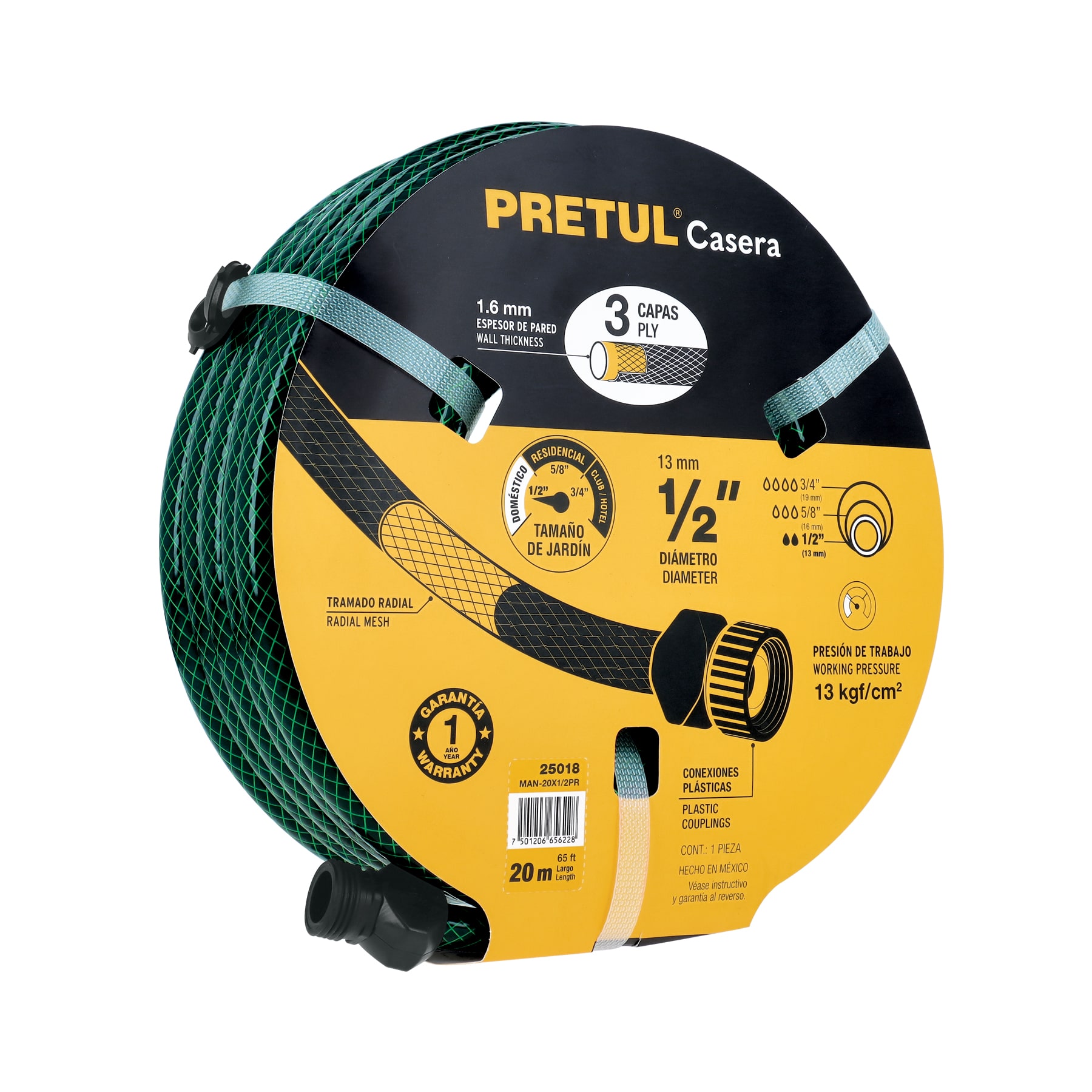 Manguera 1/2" reforzada 3 capas 20m conexiones plást, PRETUL PRETUL