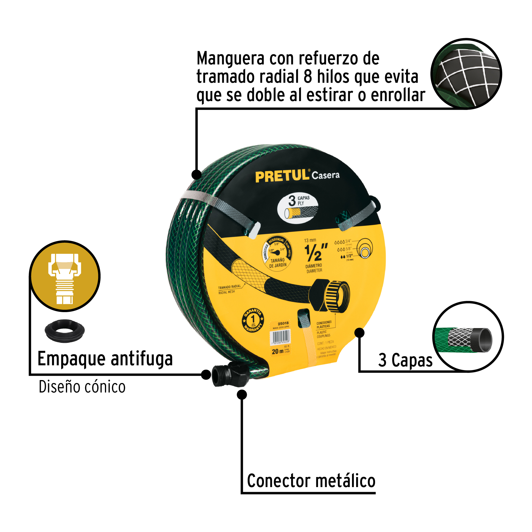 Manguera 1/2" reforzada 3 capas 20m conexiones plást, PRETUL PRETUL