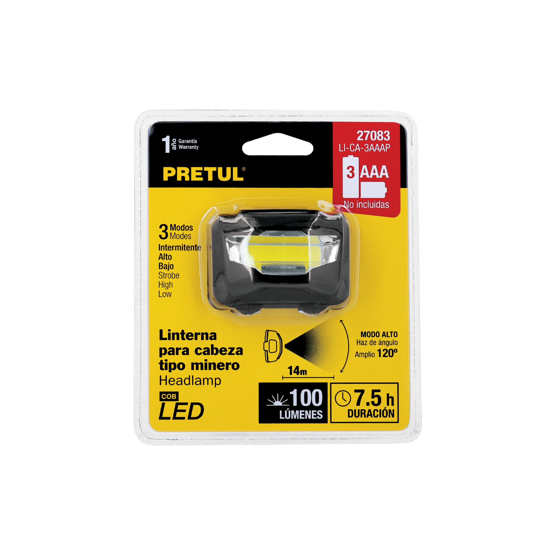 Linterna de minero LED 100 lm de 3 pilas AAA, PRETUL PRETUL