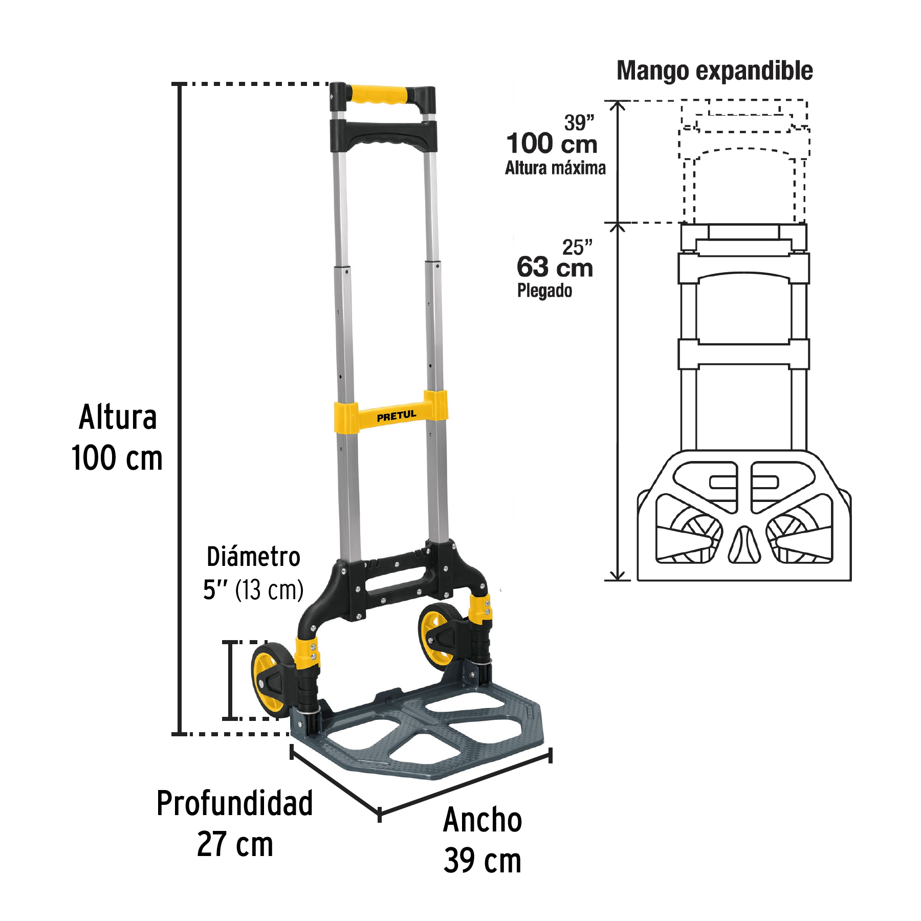 Diablo de carga, plegable de aluminio y base acero, 100 kg PRETUL