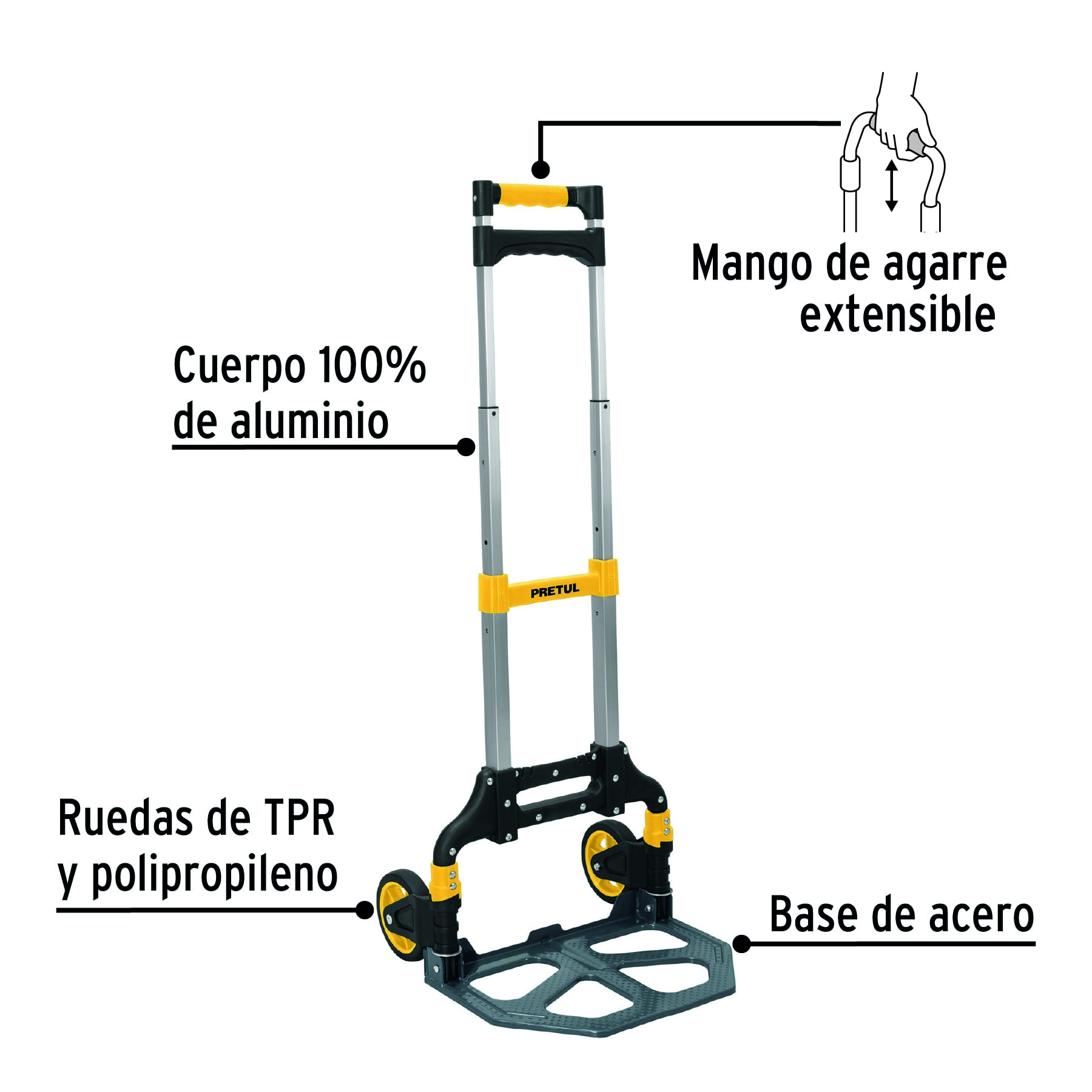 Diablo de carga, plegable de aluminio y base acero, 100 kg PRETUL