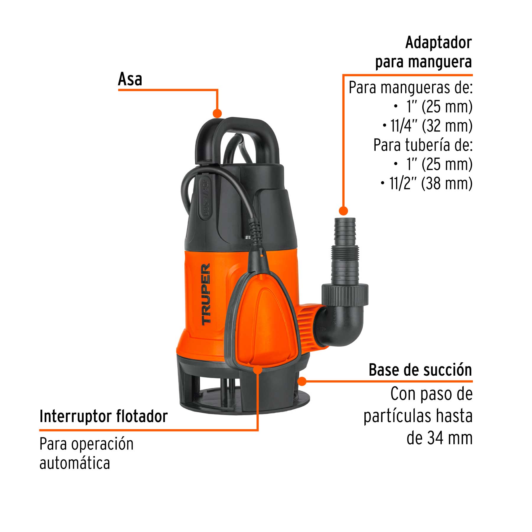 Bomba sumergible plástica, 1/2 HP para agua sucia, TRUPER TRUPER