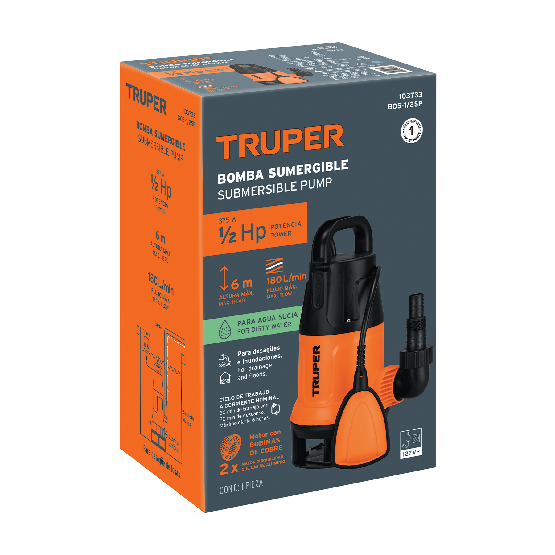 Bomba sumergible plástica, 1/2 HP para agua sucia, TRUPER TRUPER