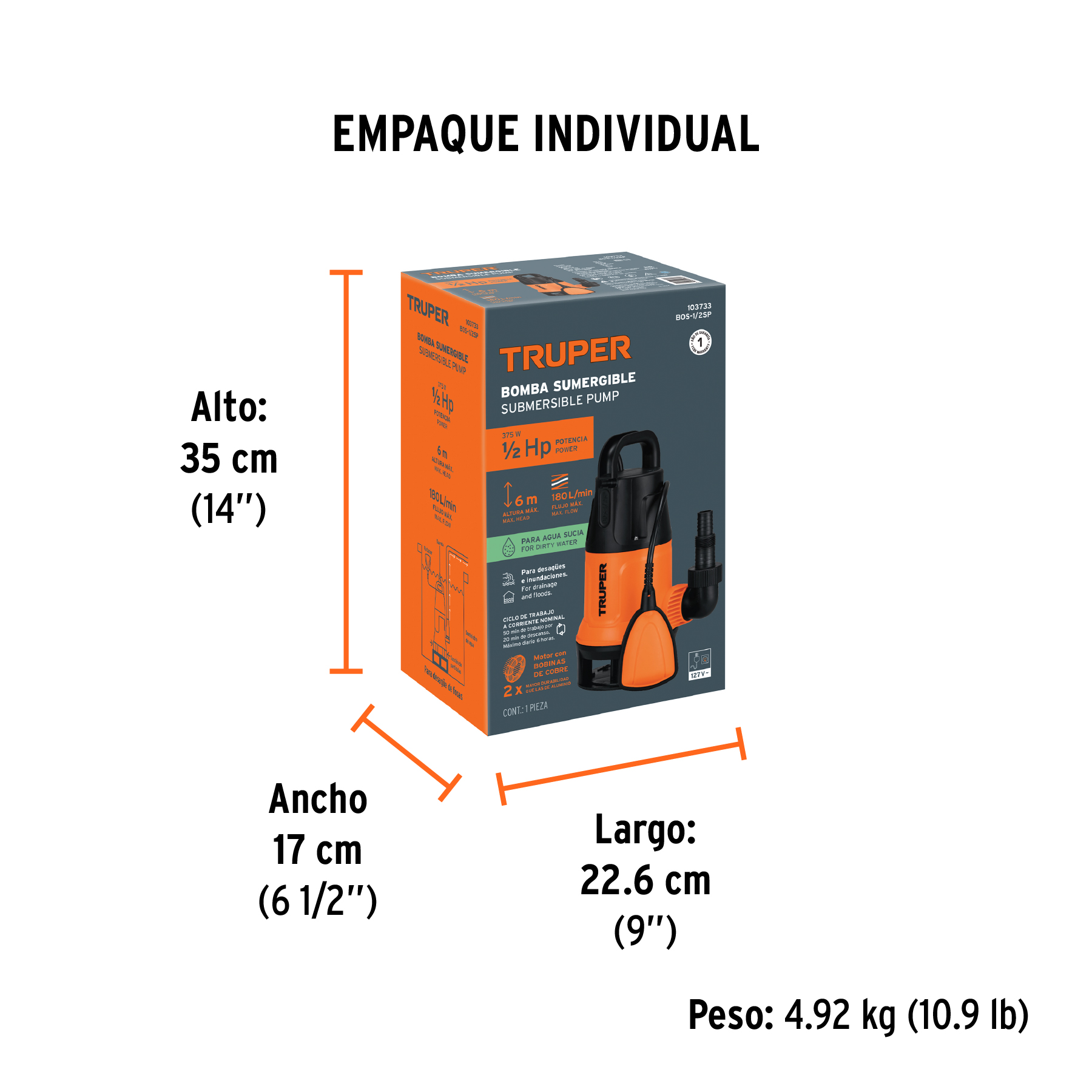 Bomba sumergible plástica, 1/2 HP para agua sucia, TRUPER TRUPER
