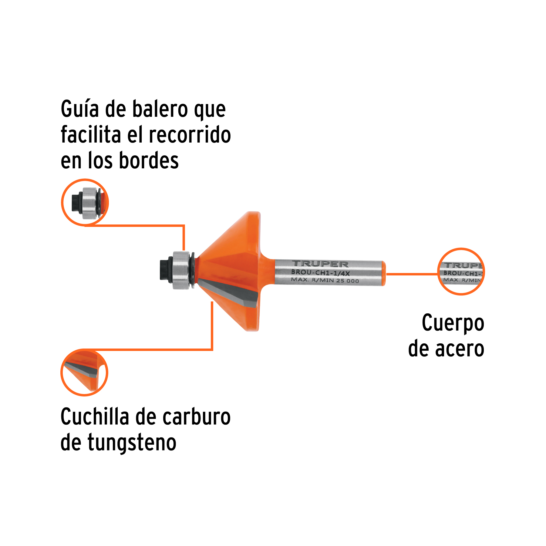 Broca para router, chaflán, 1-1/4" con balero, TRUPER TRUPER