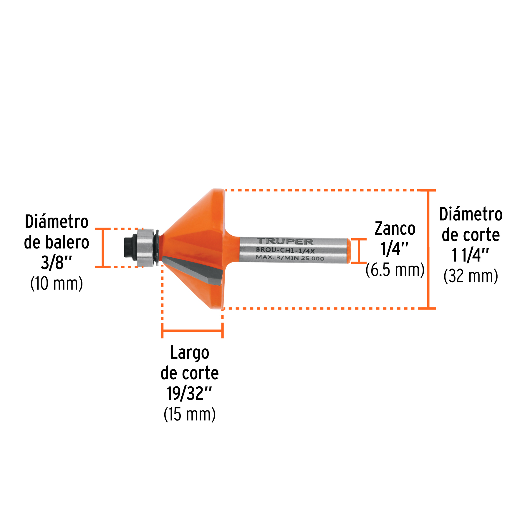 Broca para router, chaflán, 1-1/4" con balero, TRUPER TRUPER