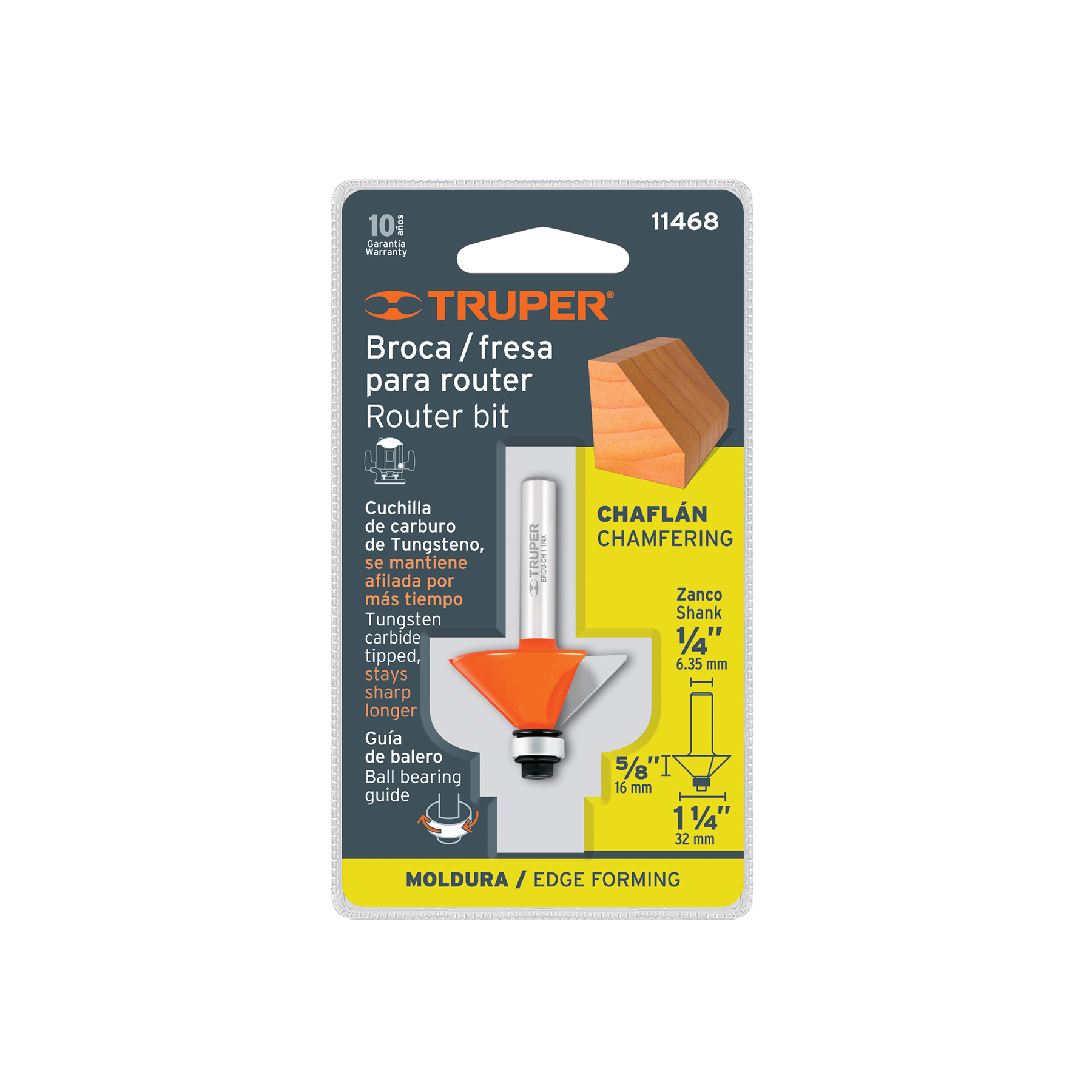 Broca para router, chaflán, 1-1/4" con balero, TRUPER TRUPER