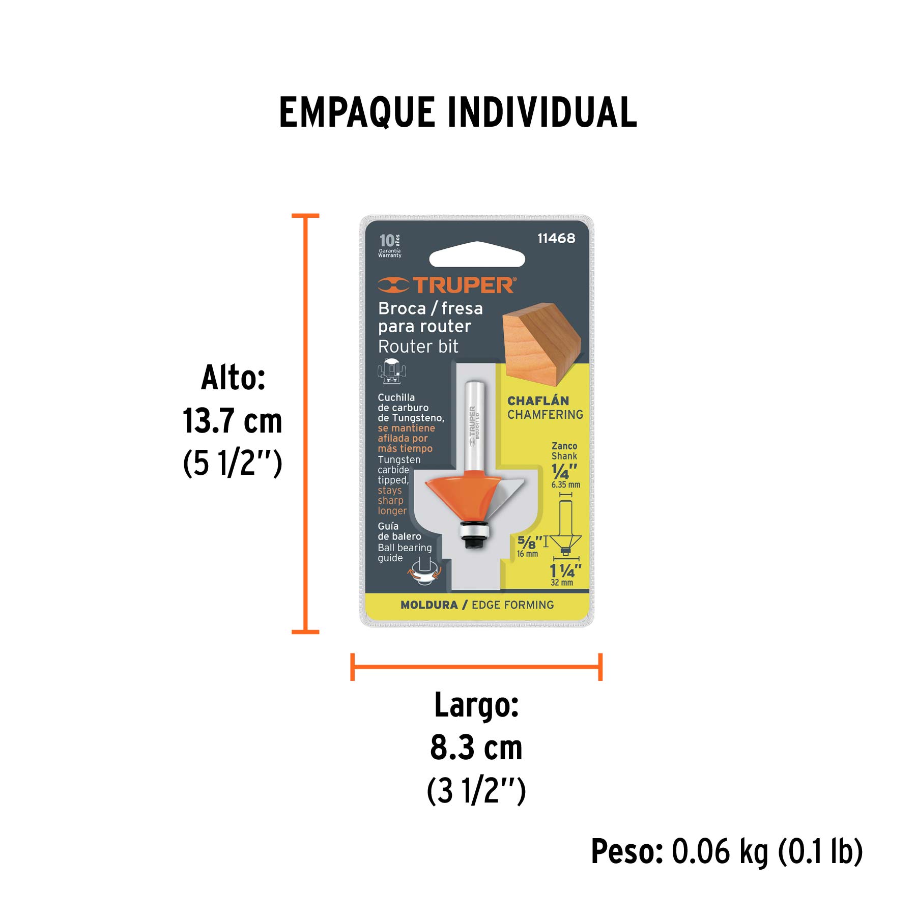 Broca para router, chaflán, 1-1/4" con balero, TRUPER TRUPER