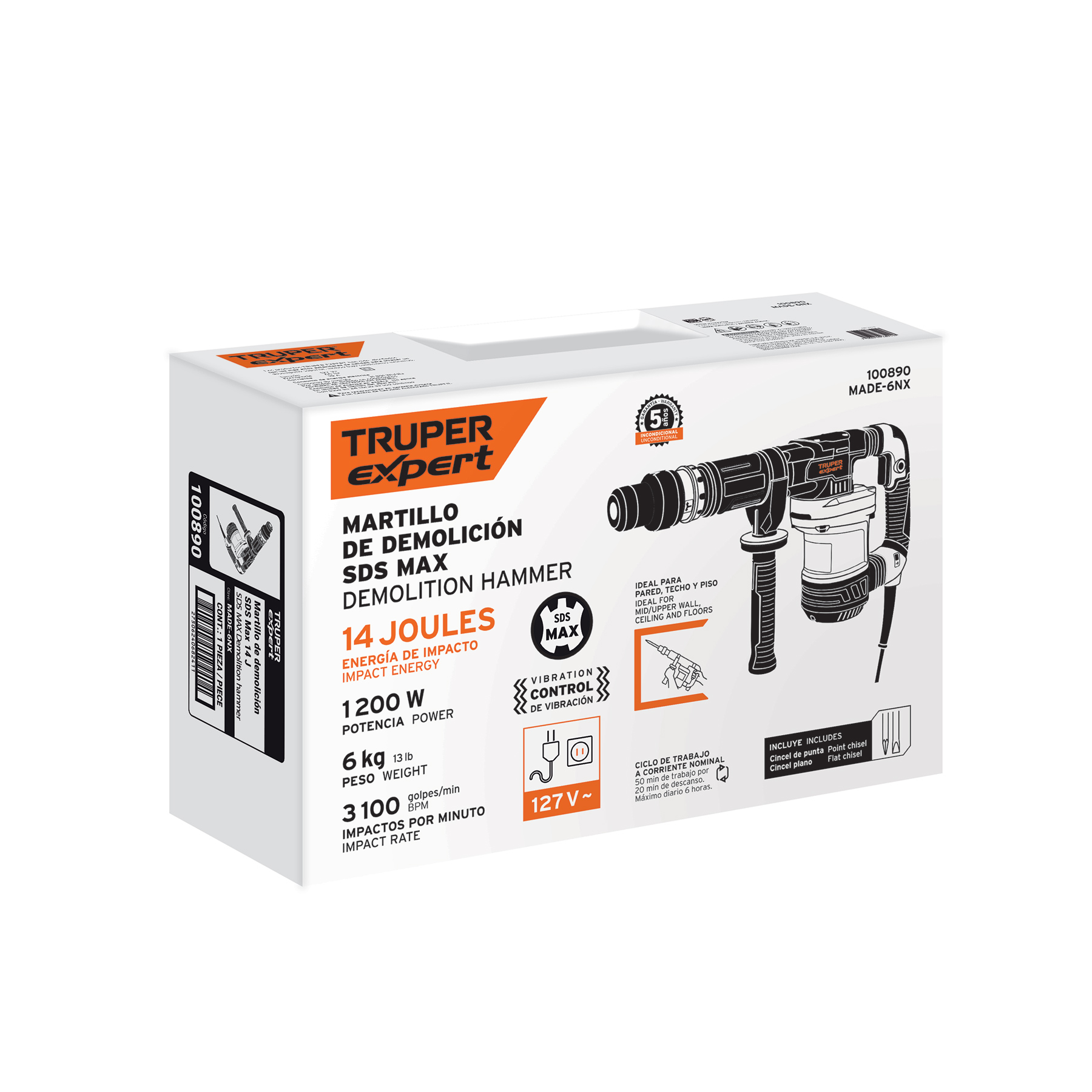 Martillo demoledor SDS Max 6kg, 14J, 1200W, TRUPER EXPERT TRUPER