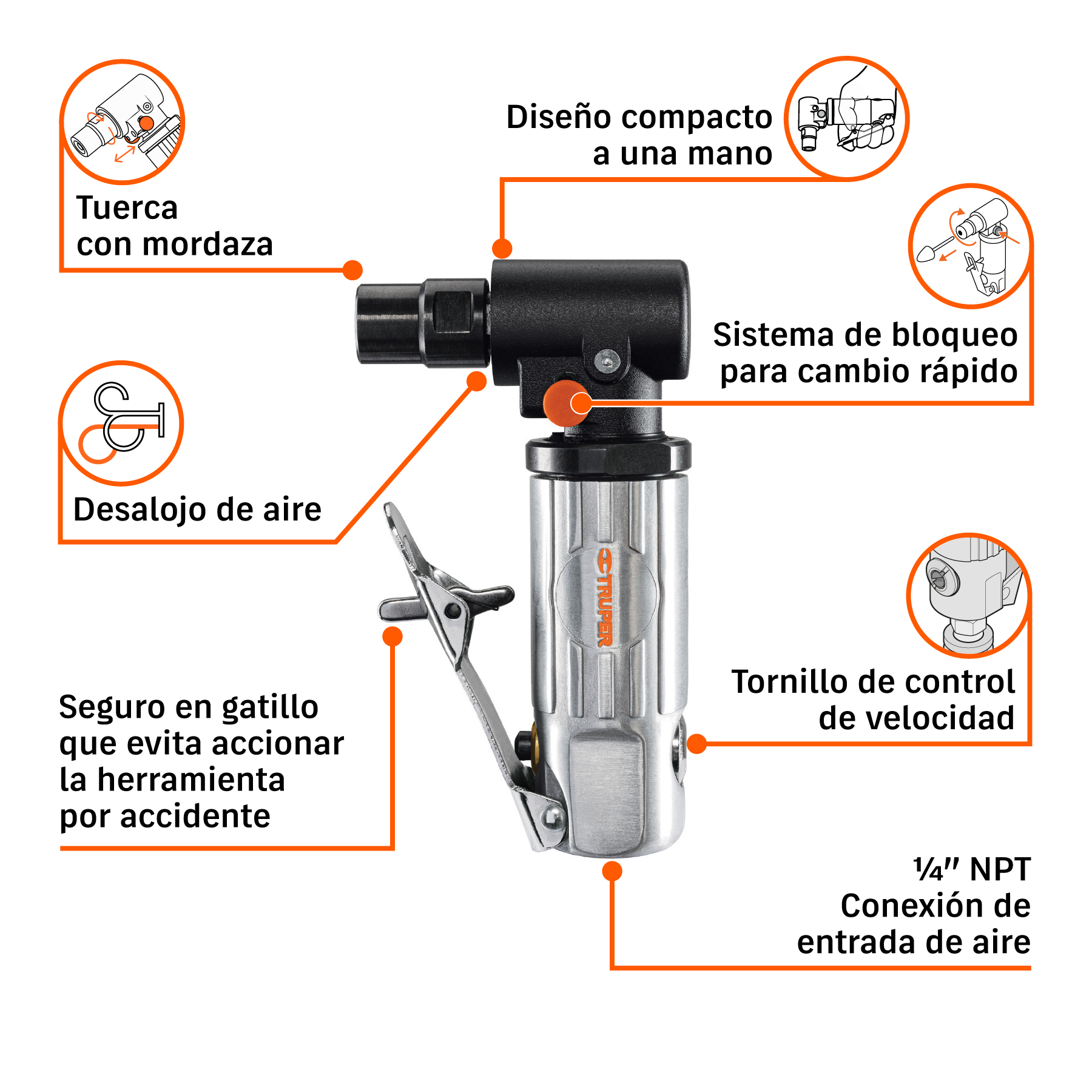 Rectificador neumático 1/4" angular, TRUPER TRUPER