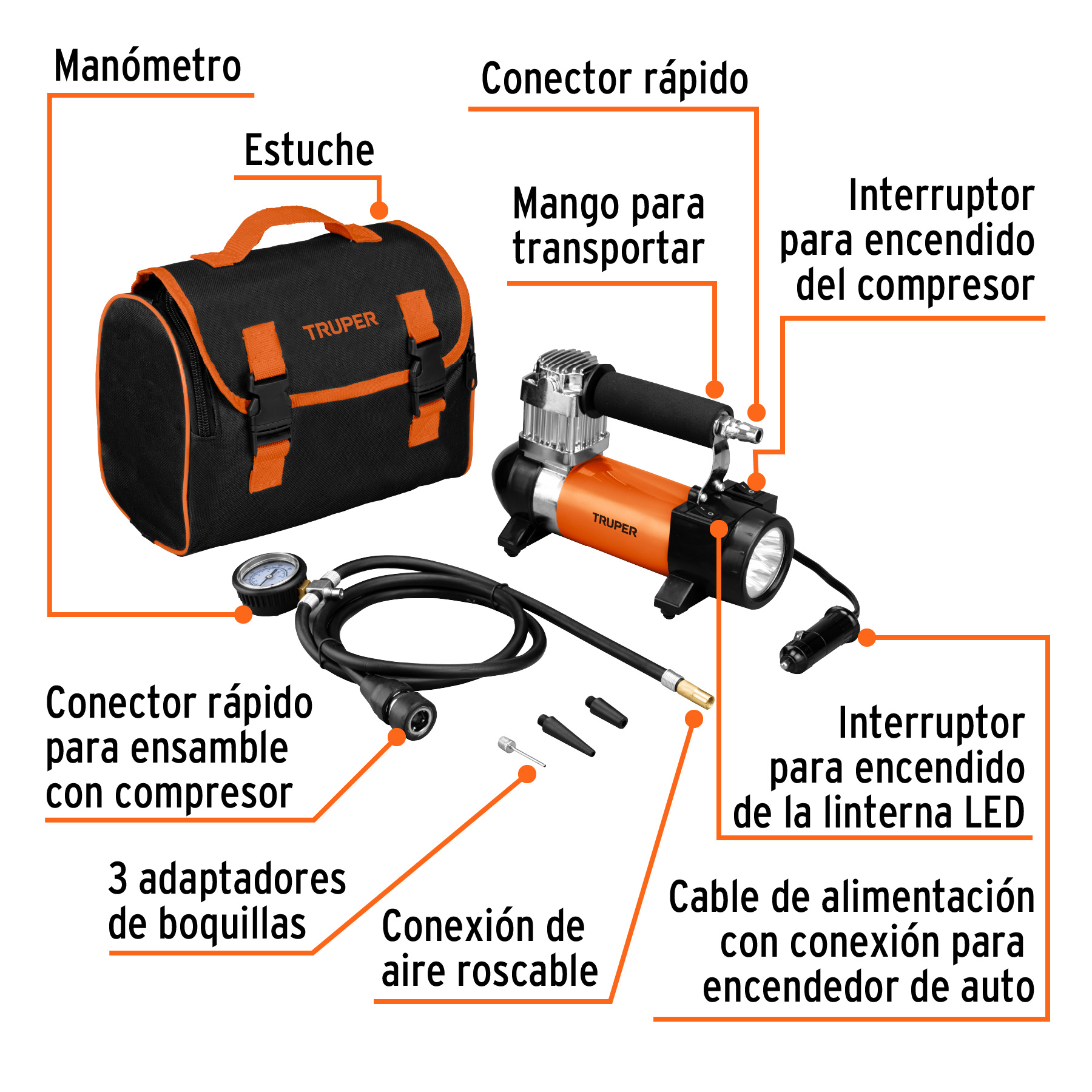 Inflador portátil 12 V para auto, con linterna LED, TRUPER TRUPER