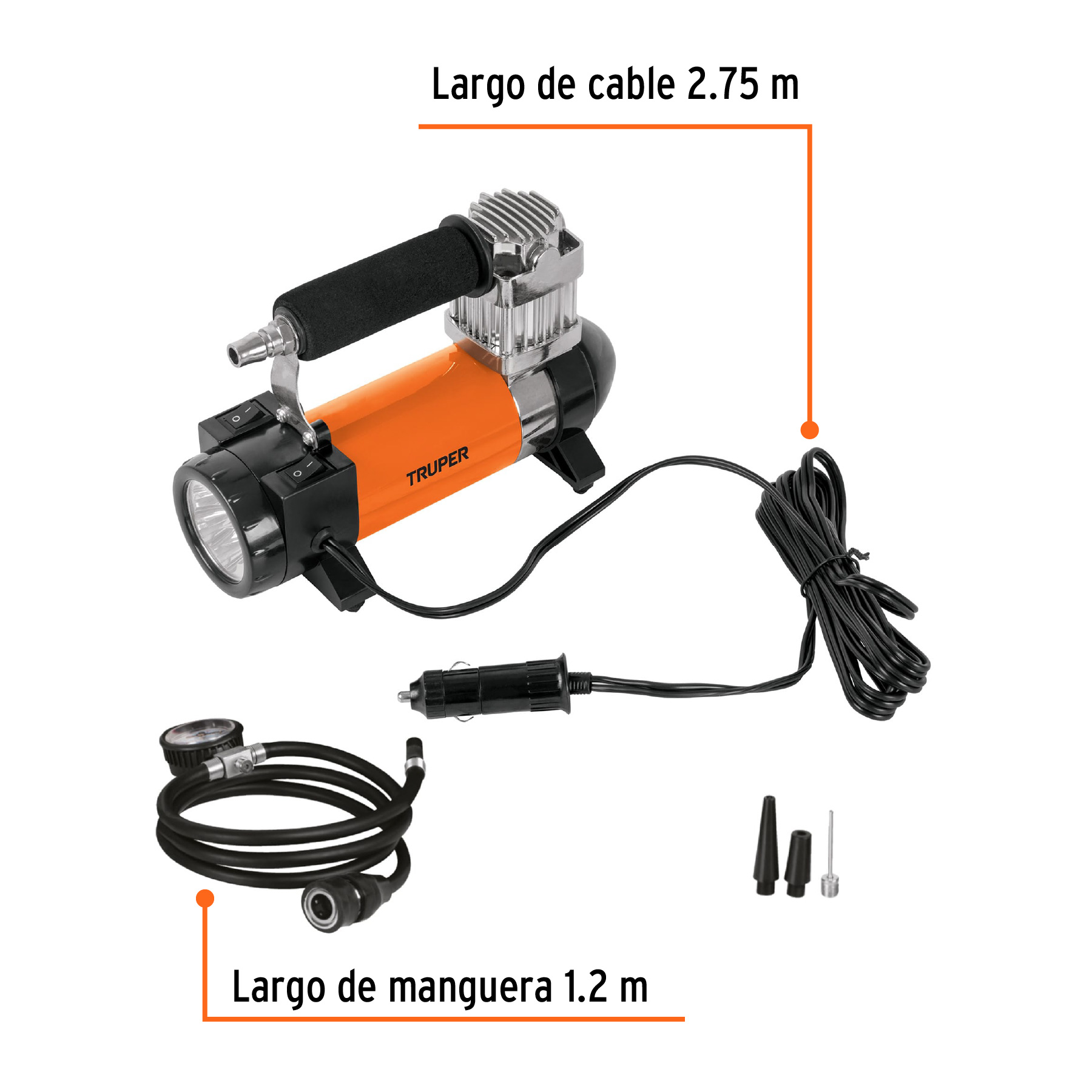 Inflador portátil 12 V para auto, con linterna LED, TRUPER TRUPER