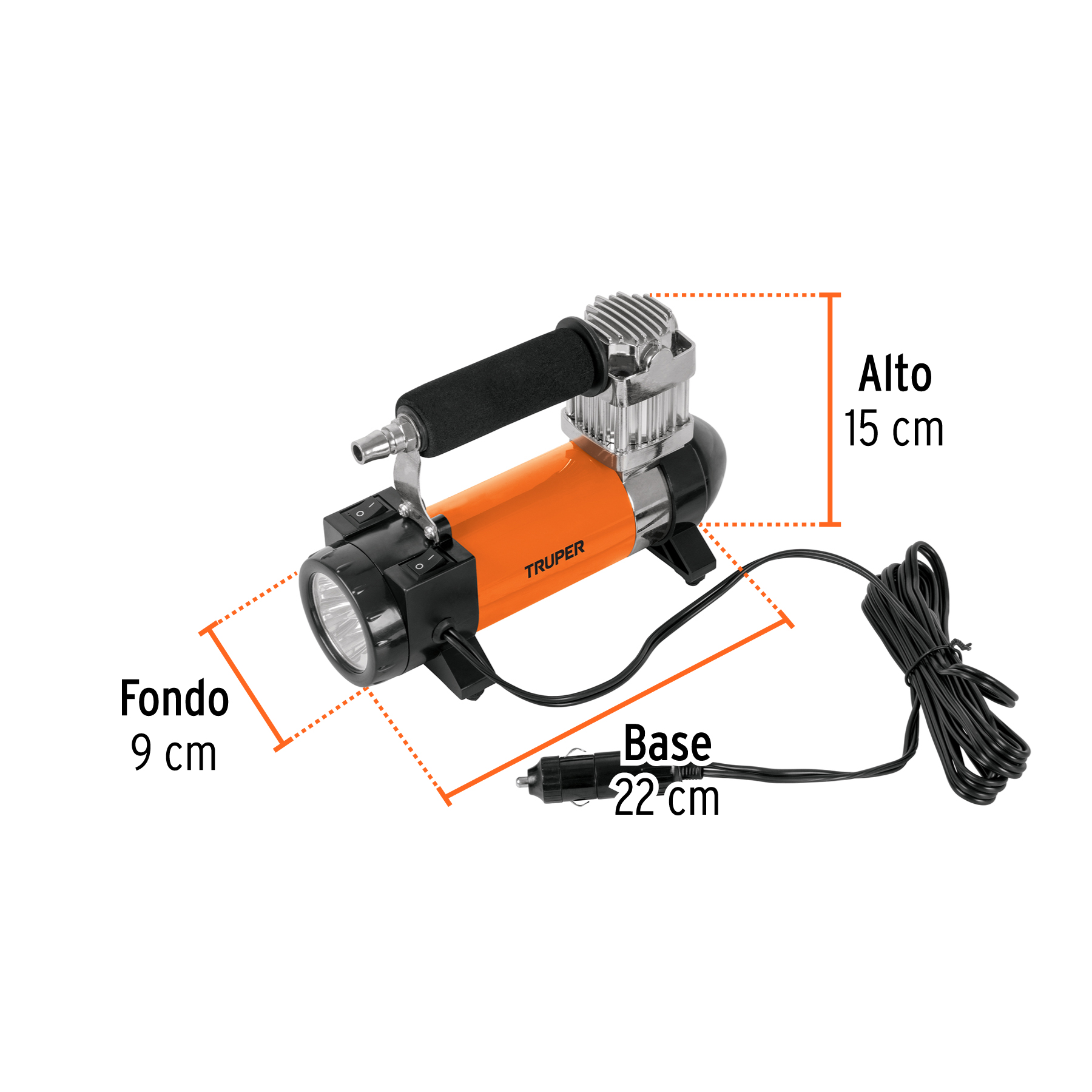 Inflador portátil 12 V para auto, con linterna LED, TRUPER TRUPER
