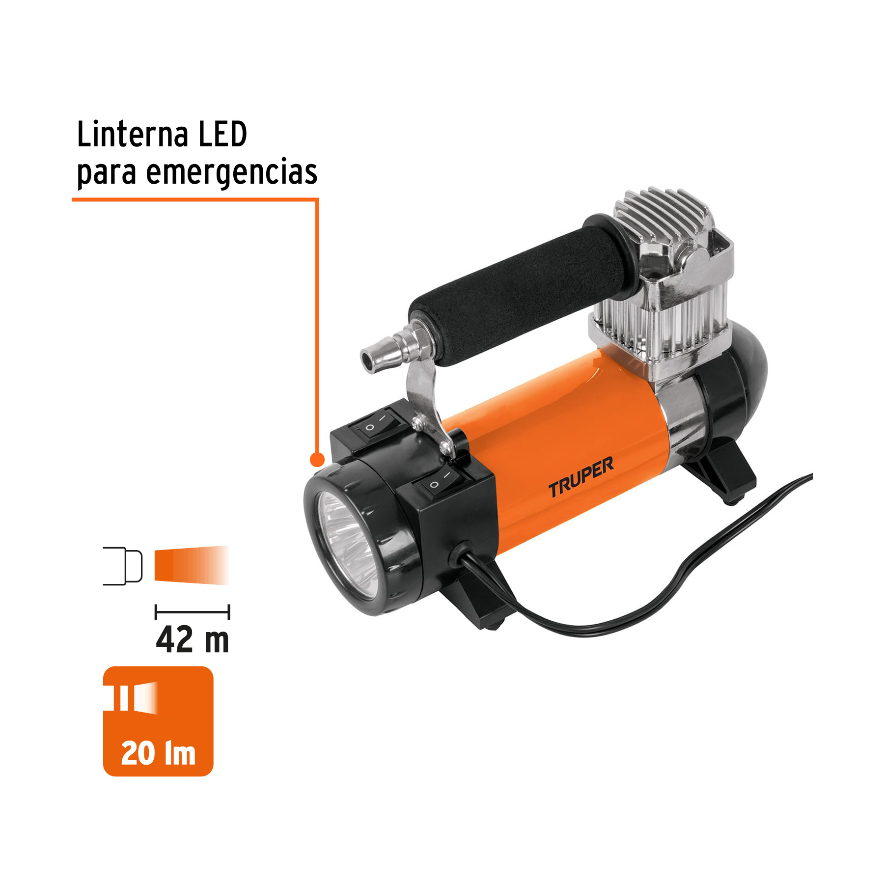 Inflador portátil 12 V para auto, con linterna LED, TRUPER TRUPER