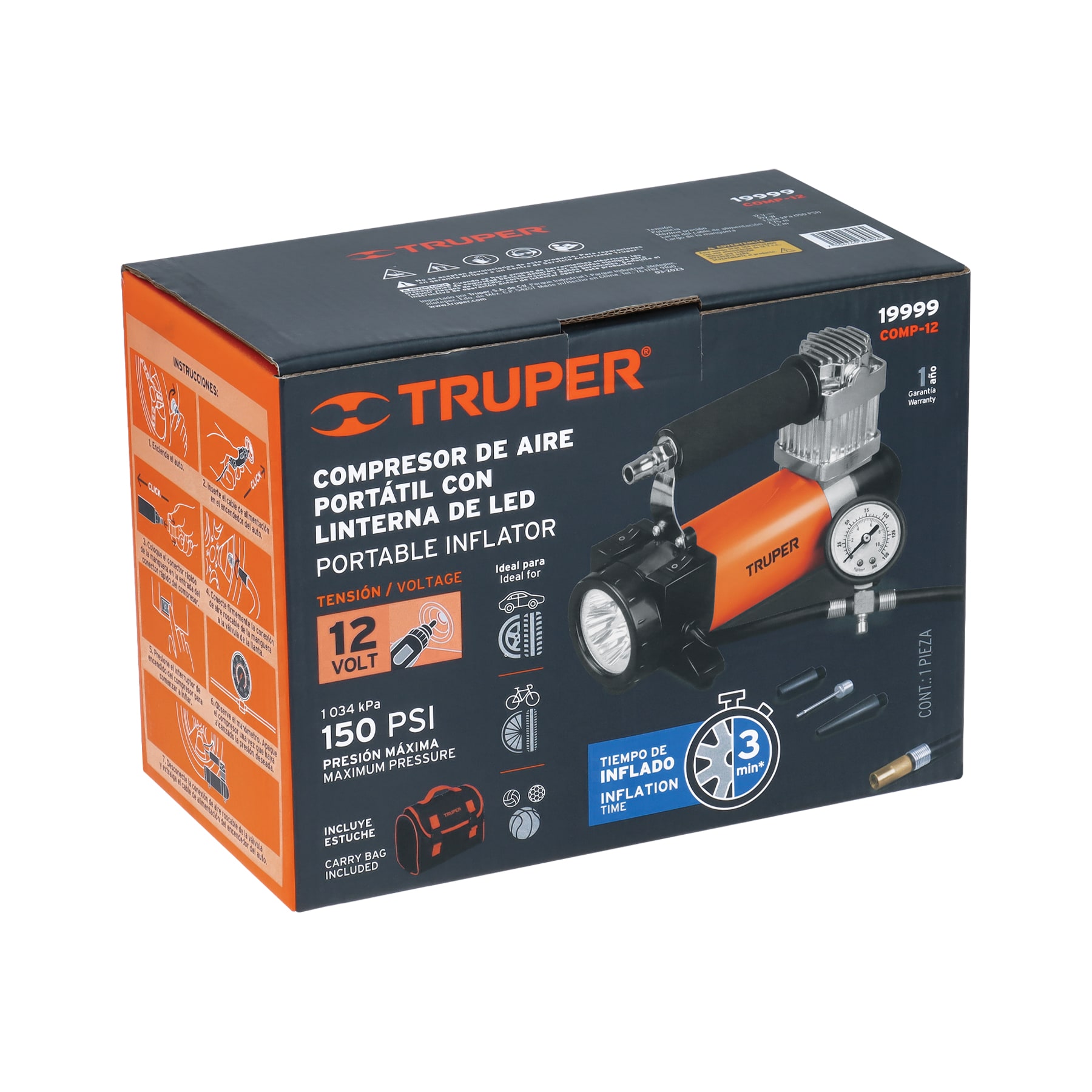 Inflador portátil 12 V para auto, con linterna LED, TRUPER TRUPER