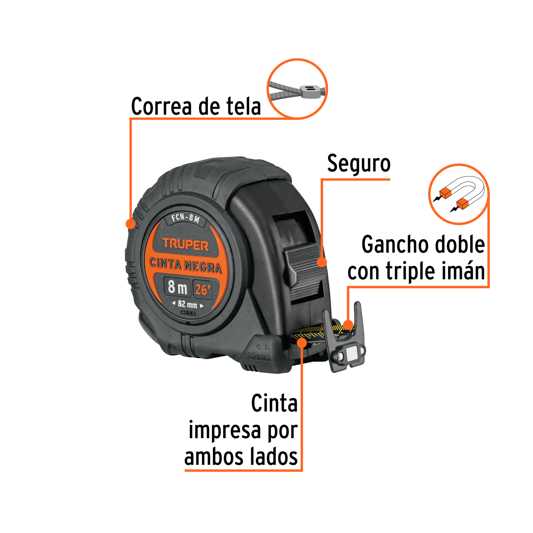 Flexómetro contra impactos 8 m, Cinta Negra 25 mm, TRUPER TRUPER