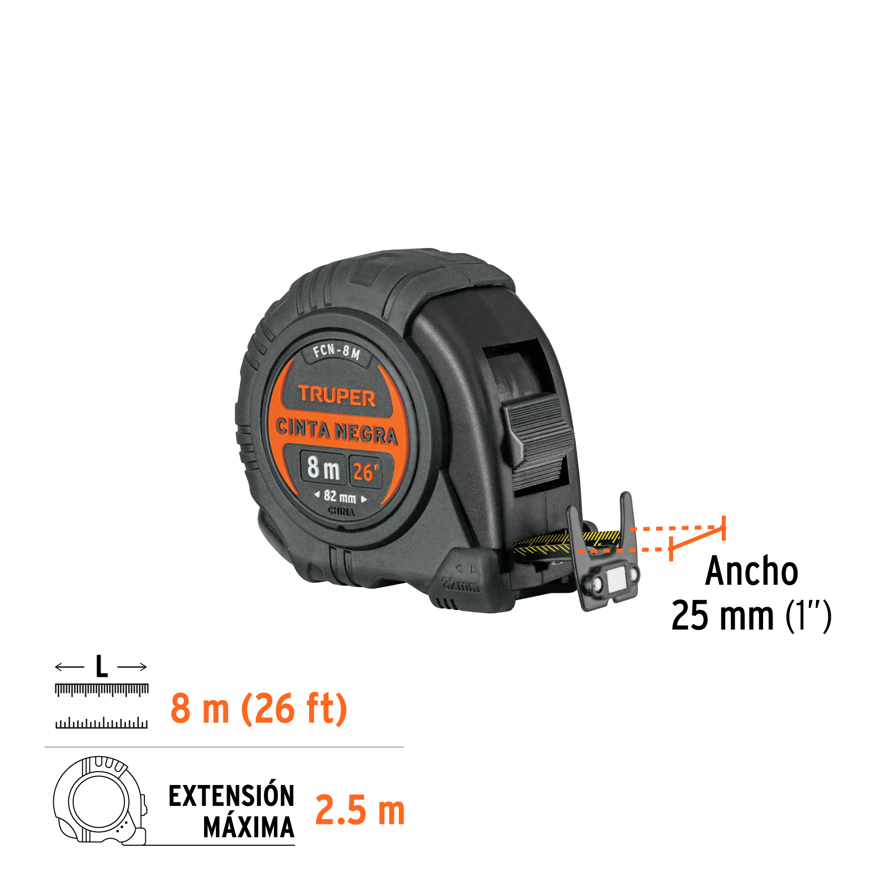 Flexómetro contra impactos 8 m, Cinta Negra 25 mm, TRUPER TRUPER