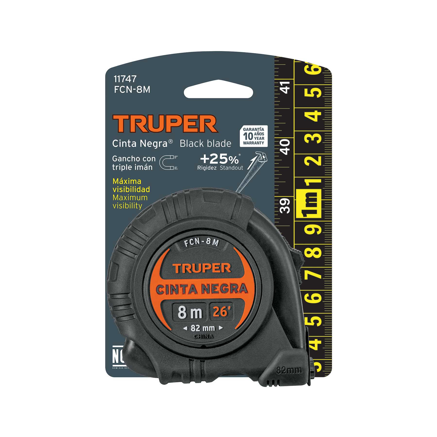 Flexómetro contra impactos 8 m, Cinta Negra 25 mm, TRUPER TRUPER