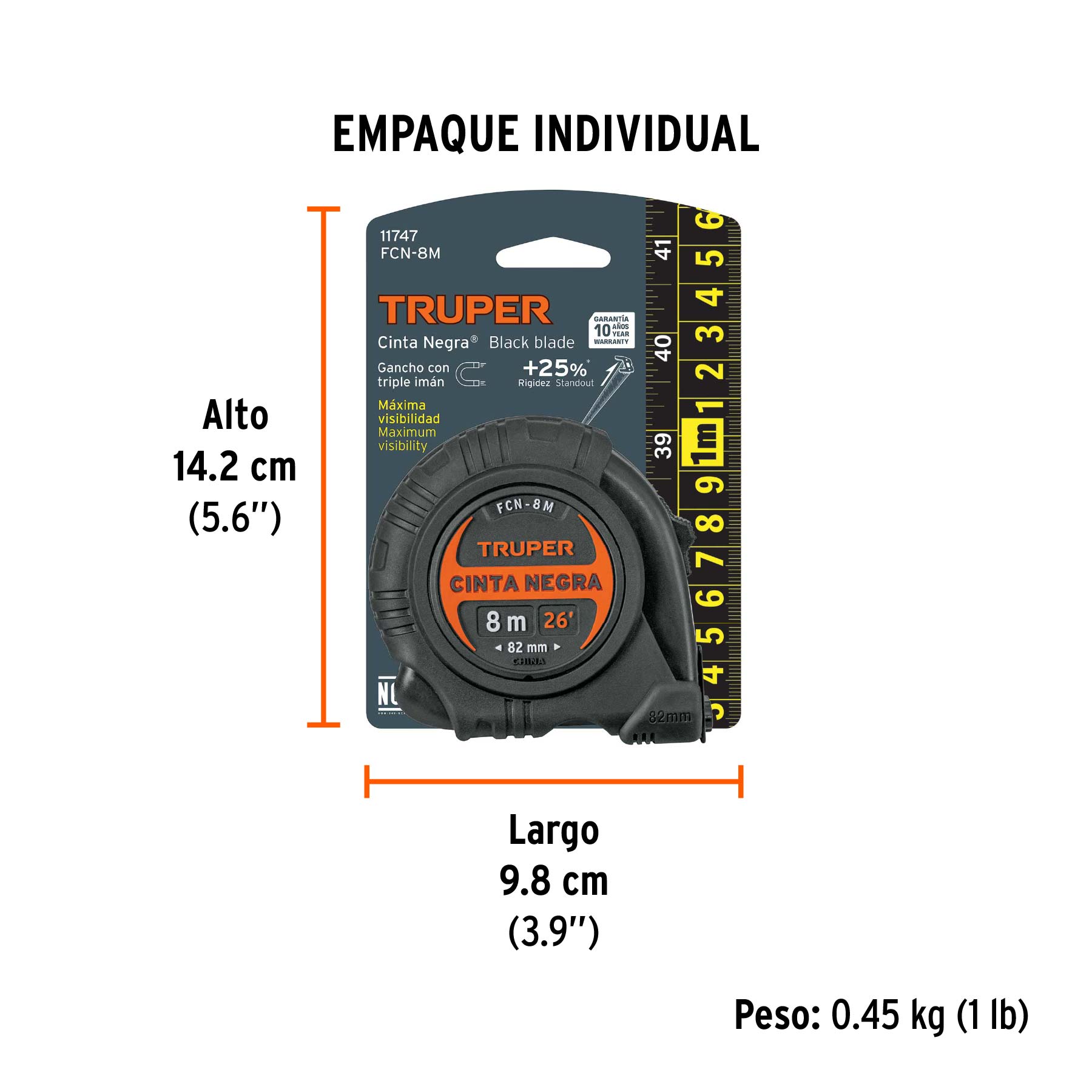 Flexómetro contra impactos 8 m, Cinta Negra 25 mm, TRUPER TRUPER
