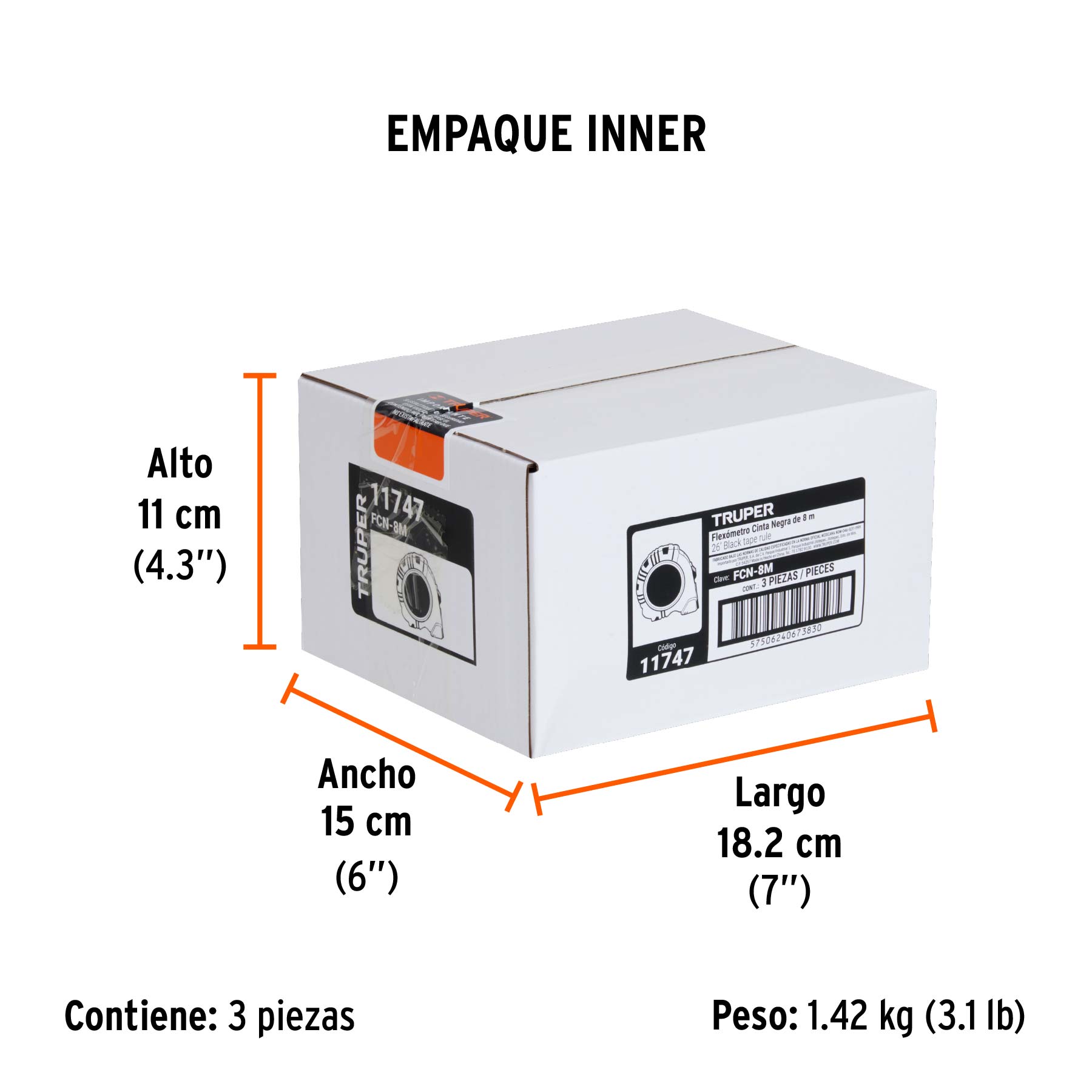 Flexómetro contra impactos 8 m, Cinta Negra 25 mm, TRUPER TRUPER