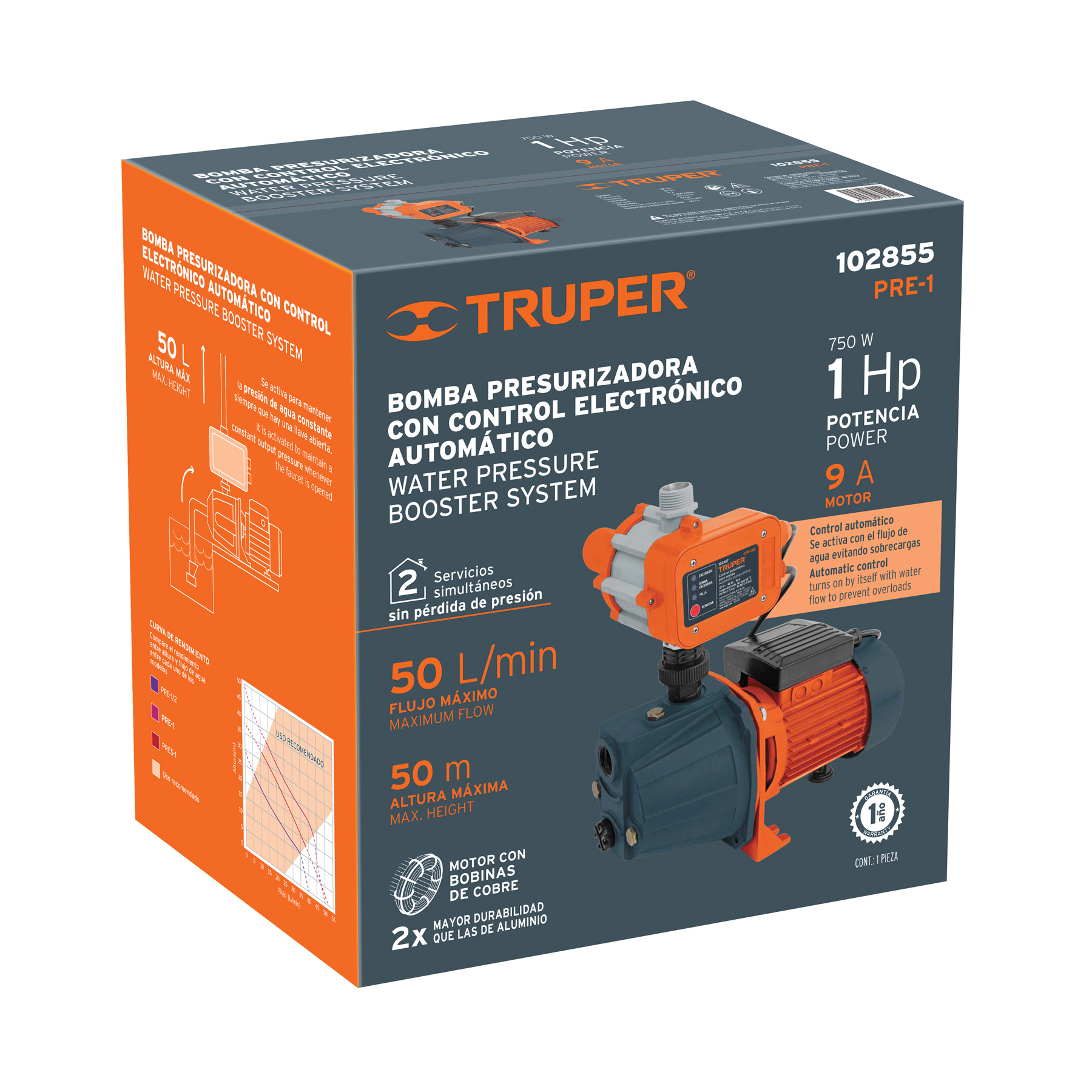 Bomba presurizadora jet hierro 1 HP con control, TRUPER TRUPER