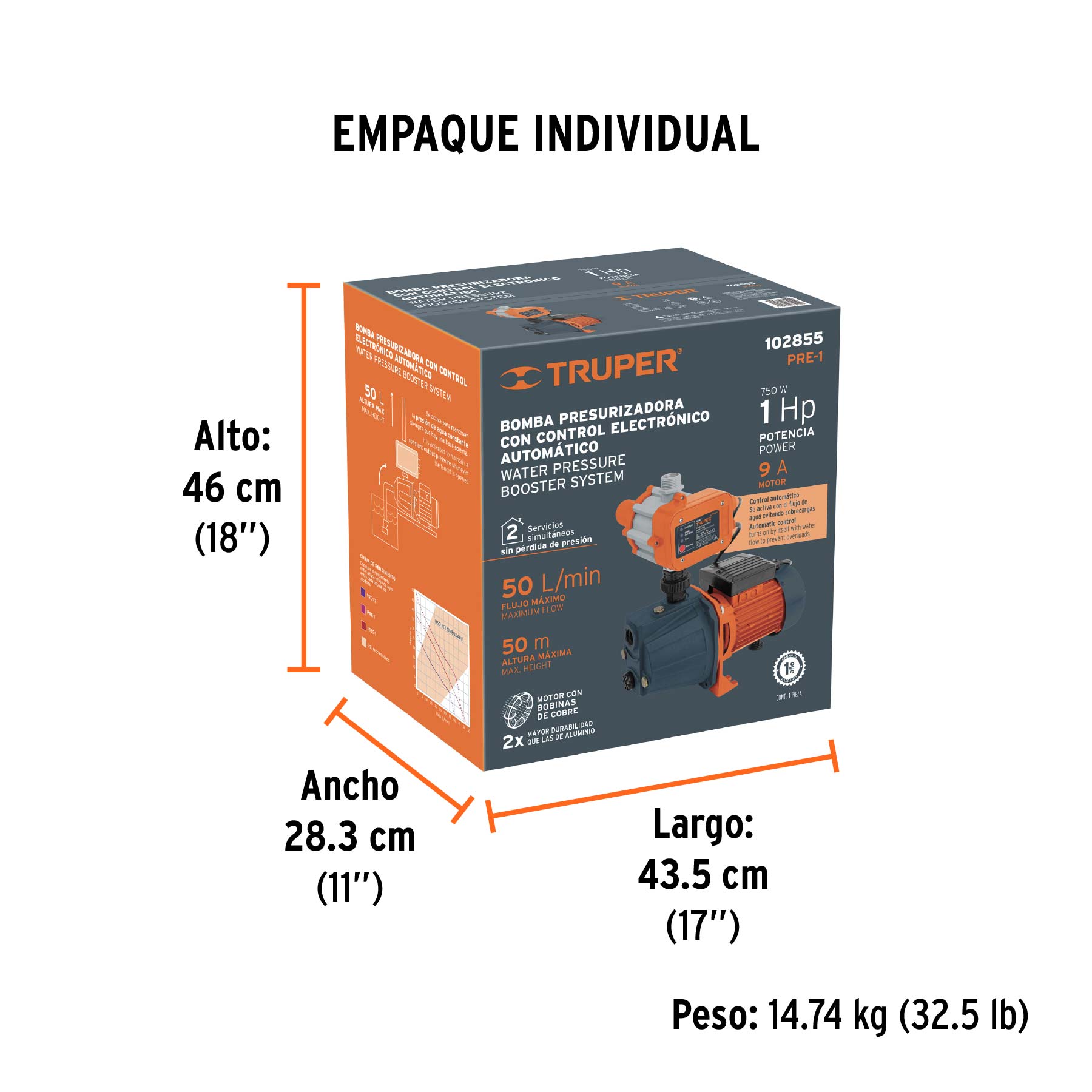 Bomba presurizadora jet hierro 1 HP con control, TRUPER TRUPER