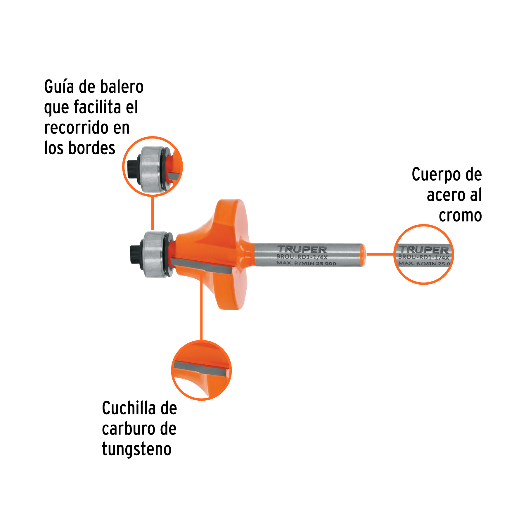 Broca para router, redondeado, 1-1/4" con balero, TRUPER TRUPER