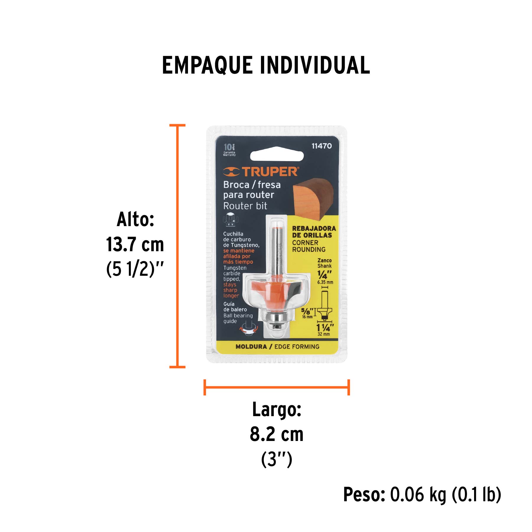 Broca para router, redondeado, 1-1/4" con balero, TRUPER TRUPER