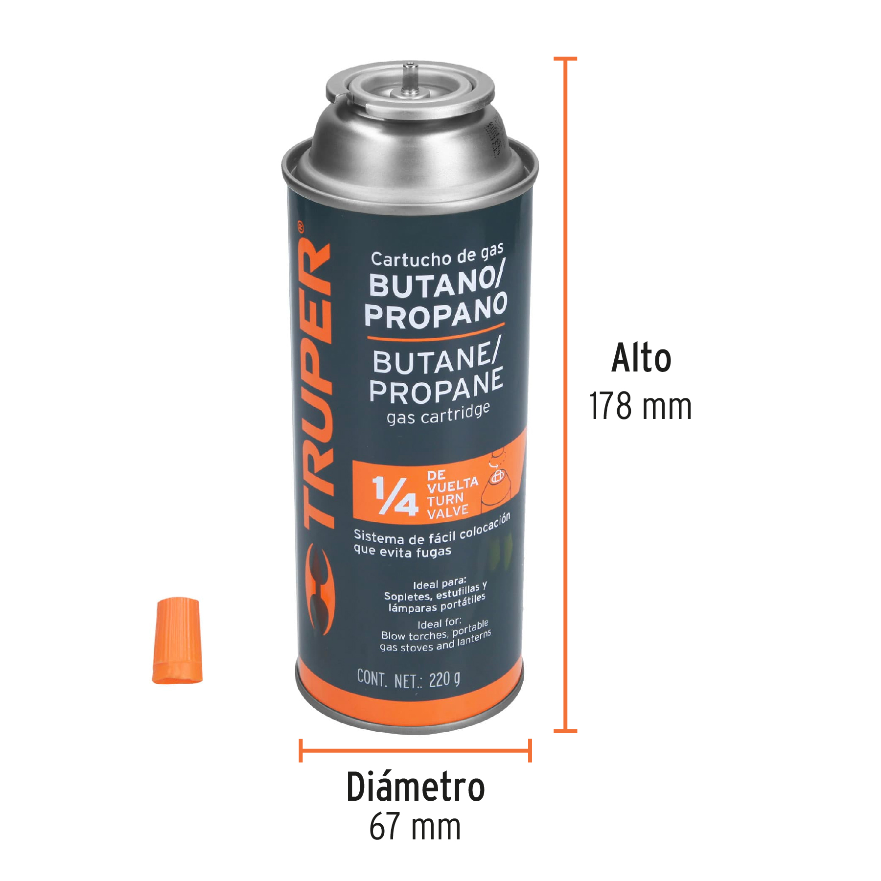 Lata de gas de 220g con válvula de 1/4 de vuelta, TRUPER TRUPER