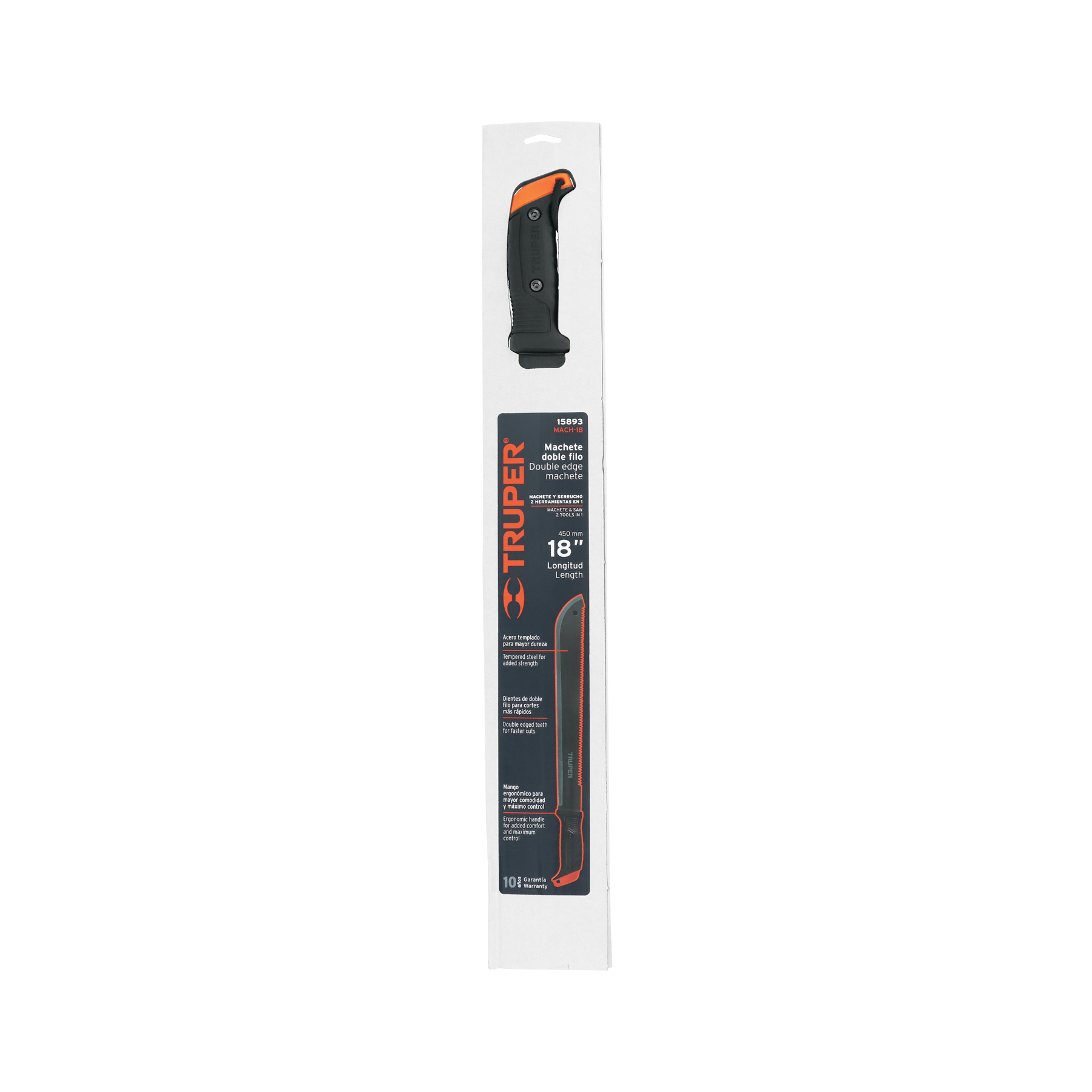 Machete doble filo 18", cacha atornillada, funda de cartón TRUPER