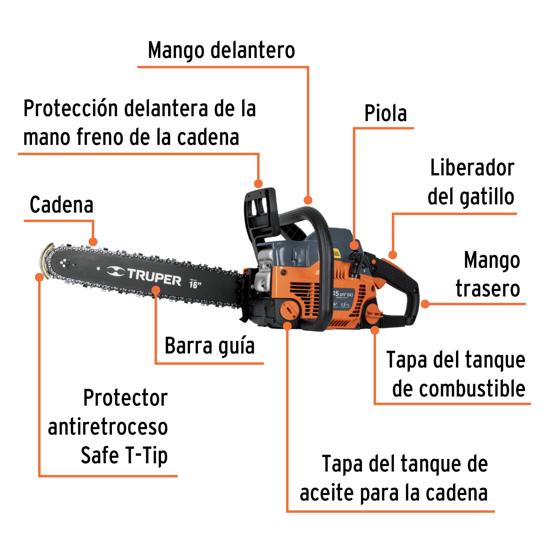 Motosierra 45 cc a gasolina con barra de 16", TRUPER TRUPER