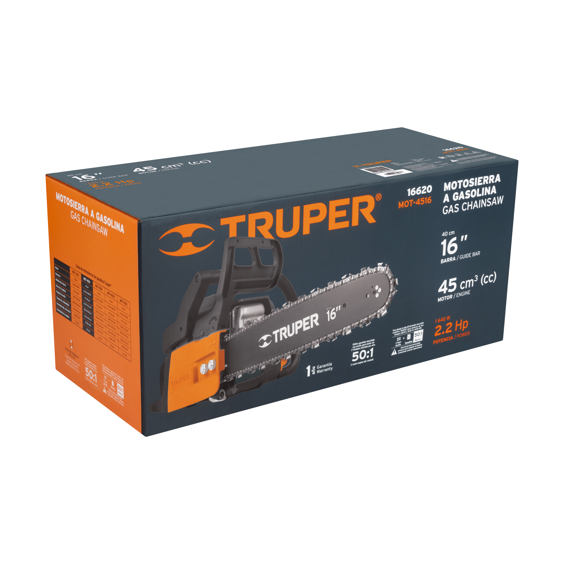 Motosierra 45 cc a gasolina con barra de 16", TRUPER TRUPER