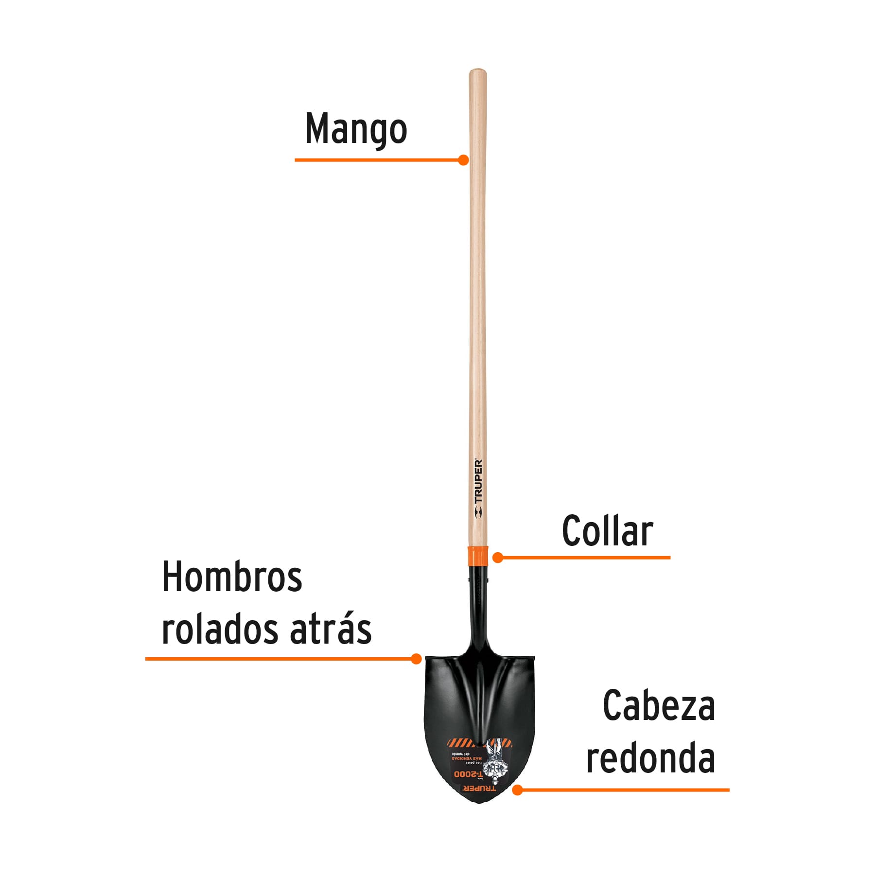 Pala redonda T-2000, mango largo 45", TRUPER TRUPER