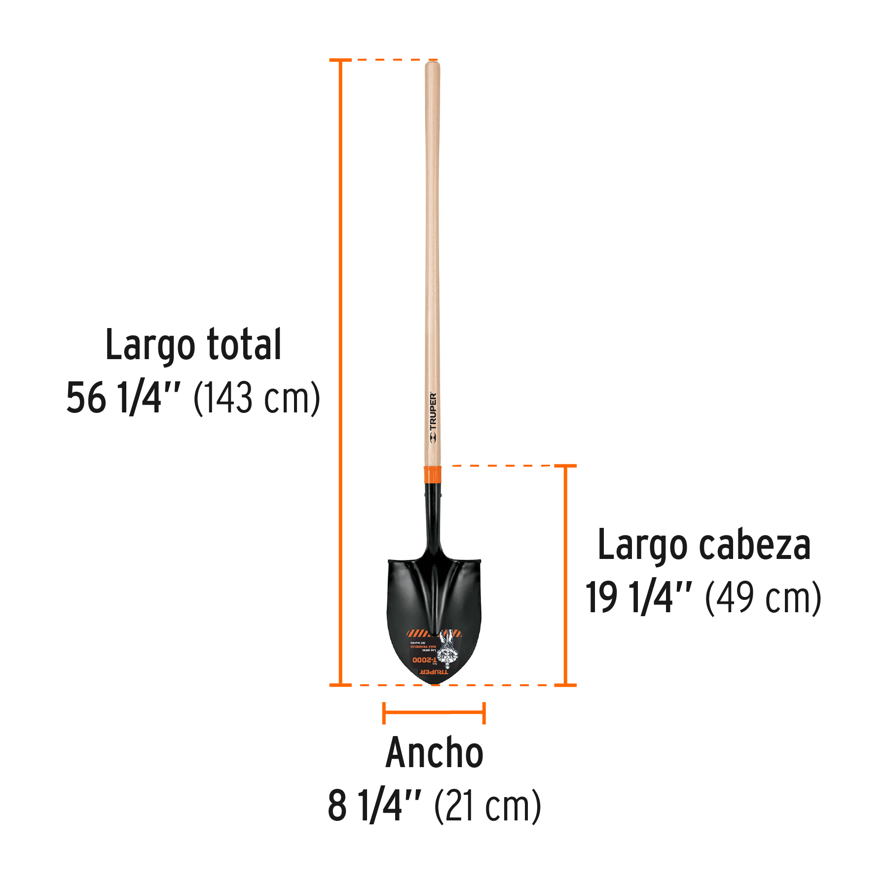 Pala redonda T-2000, mango largo 45", TRUPER TRUPER
