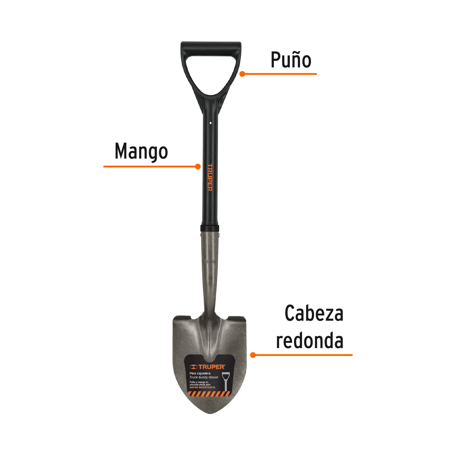Pala cajuelera redonda, puño "D" con mango fibra de vidrio TRUPER