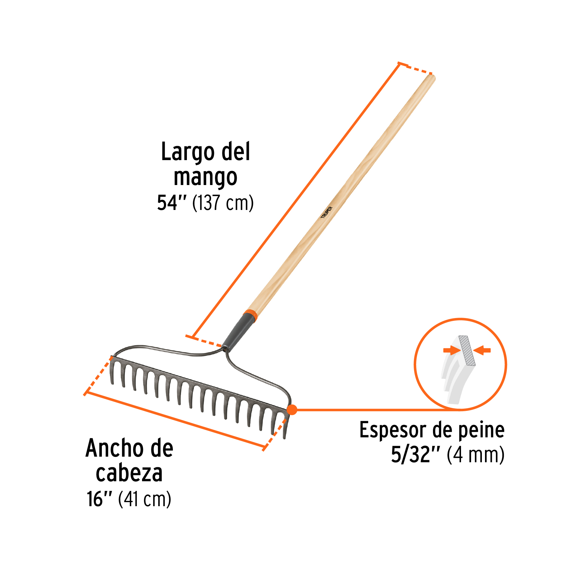 Rastrillo jardinero Classic, 16 dientes, mango 54", TRUPER TRUPER