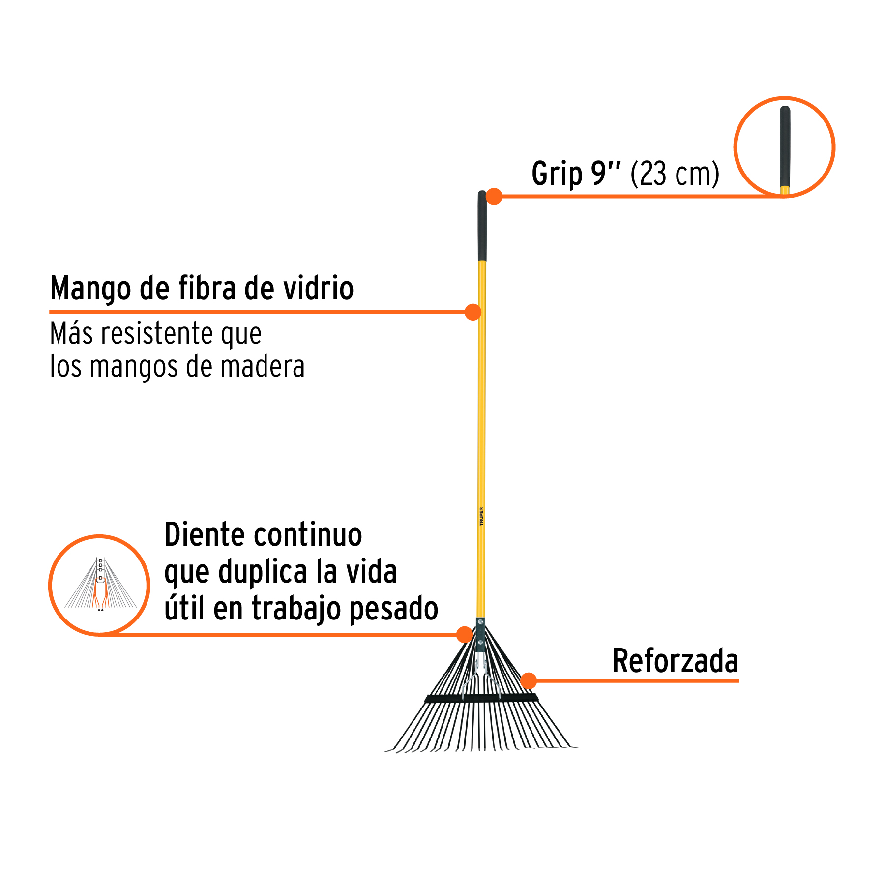 Escoba metálica para jardín, recta, 24 dientes, mango 54" TRUPER
