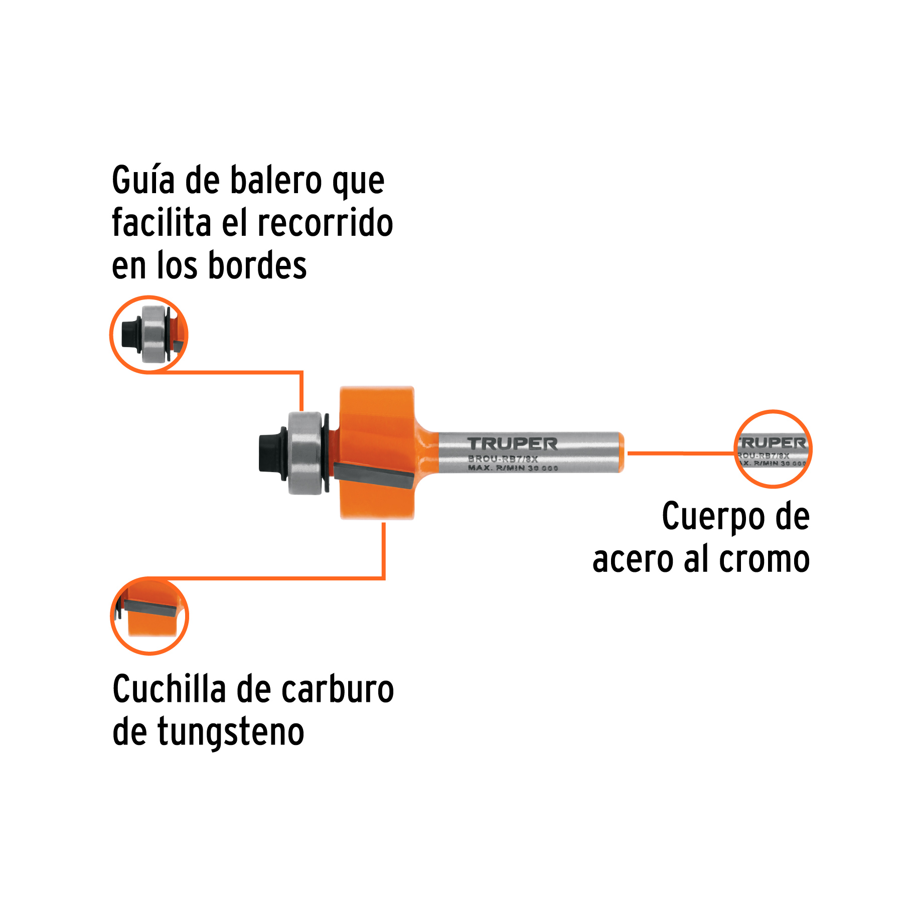 Broca para router, rebajado, 7/8" con balero, TRUPER TRUPER