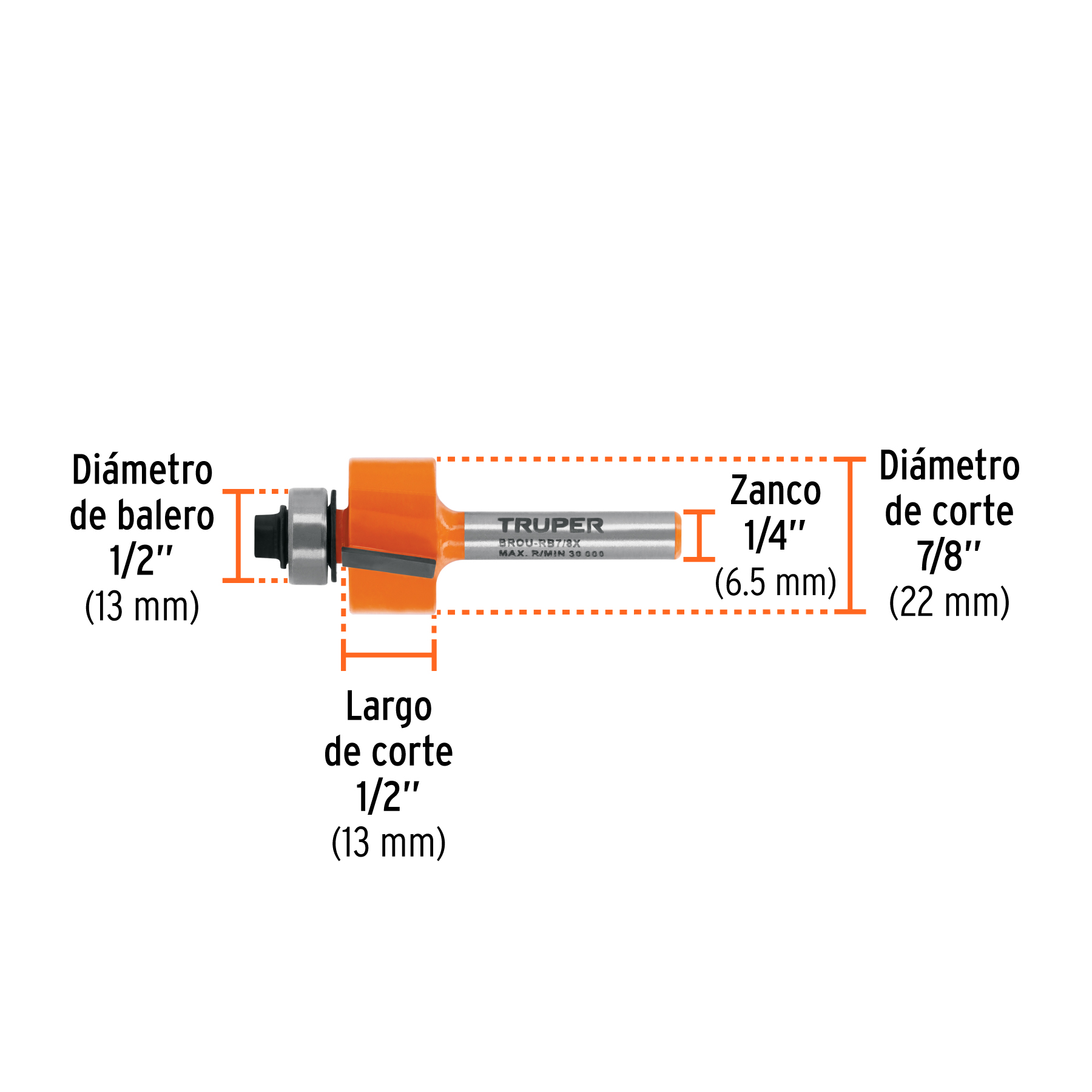 Broca para router, rebajado, 7/8" con balero, TRUPER TRUPER