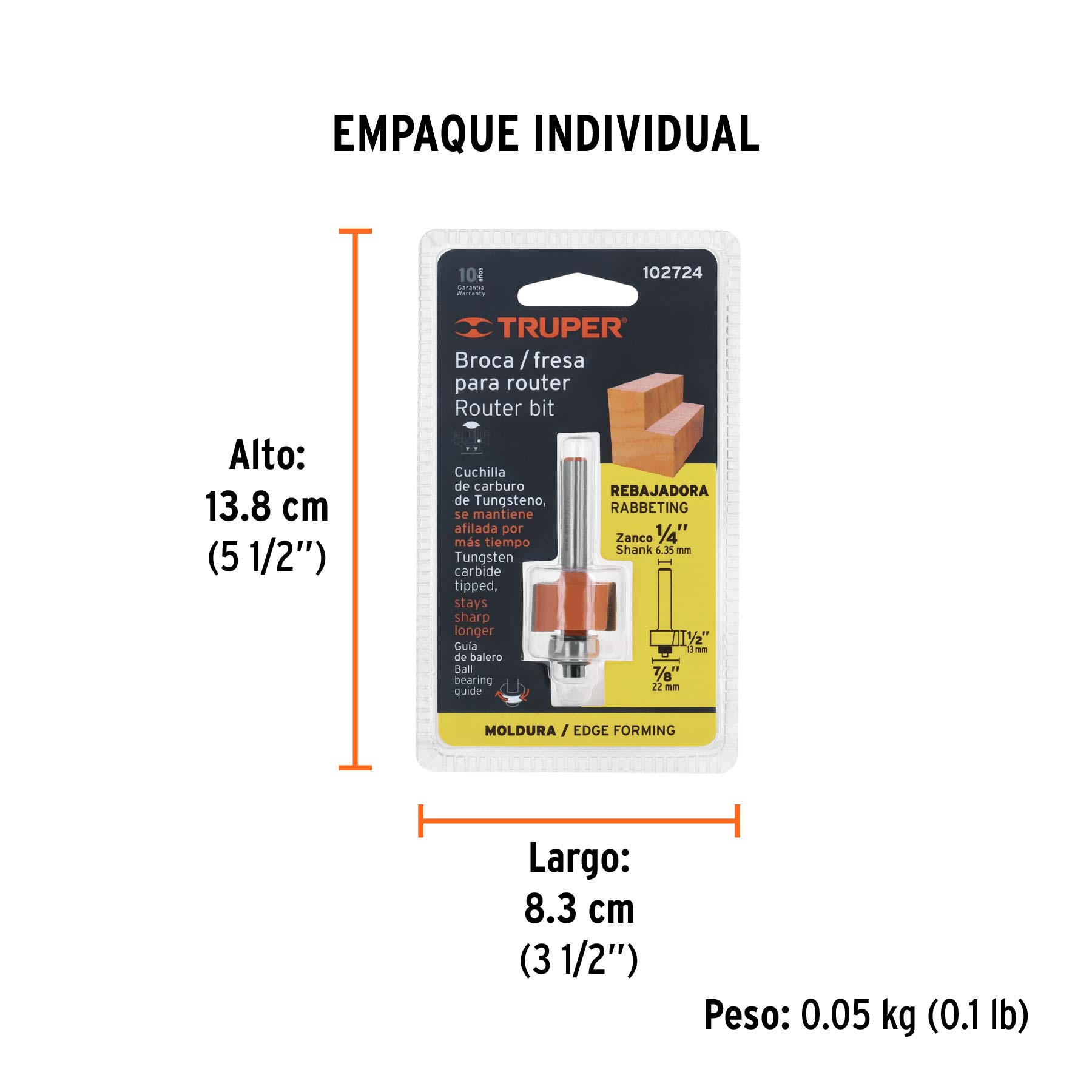 Broca para router, rebajado, 7/8" con balero, TRUPER TRUPER