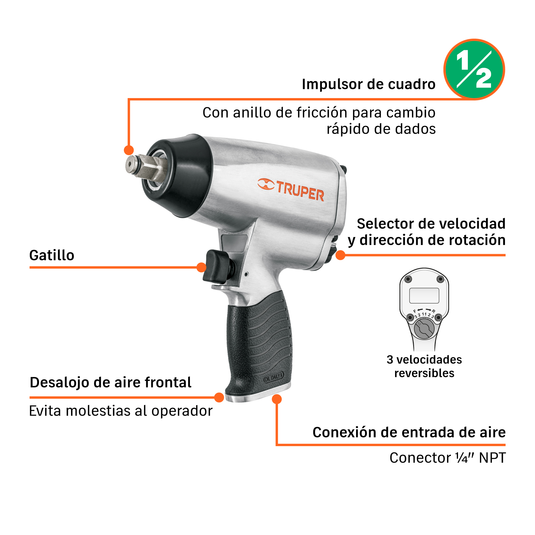 Llave (pistola) de impacto neumática 1/2", TRUPER TRUPER