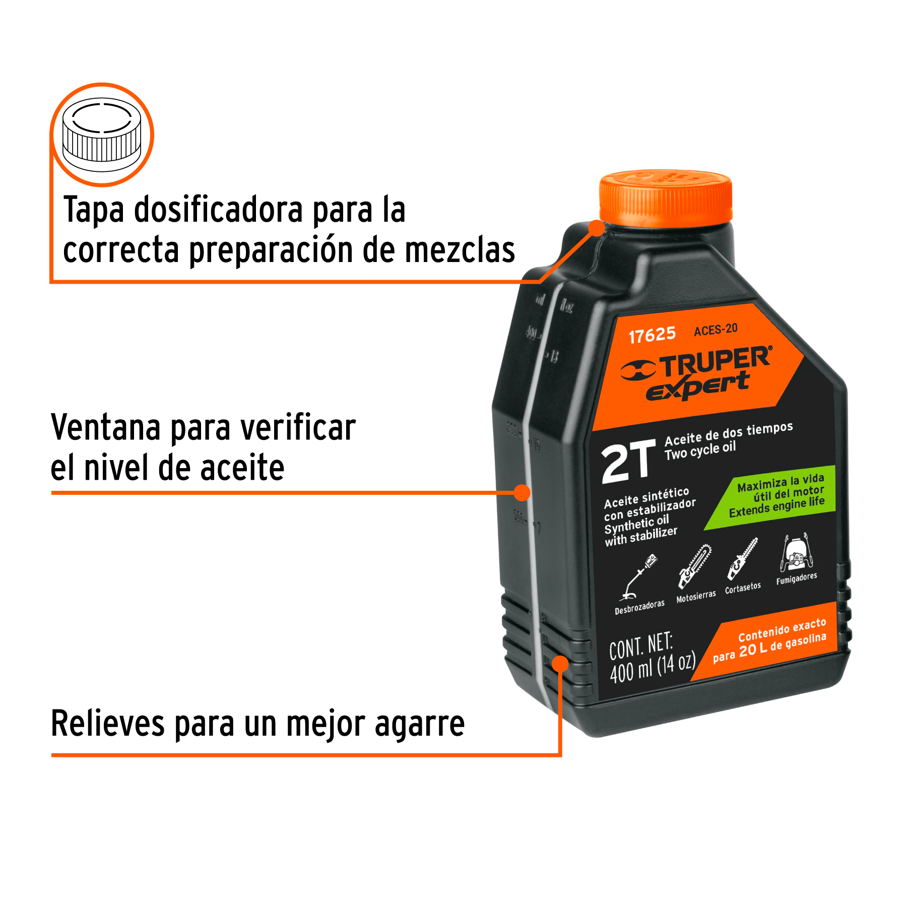 Aceite sintético para motor de 2 tiempos, 400 ml TRUPER